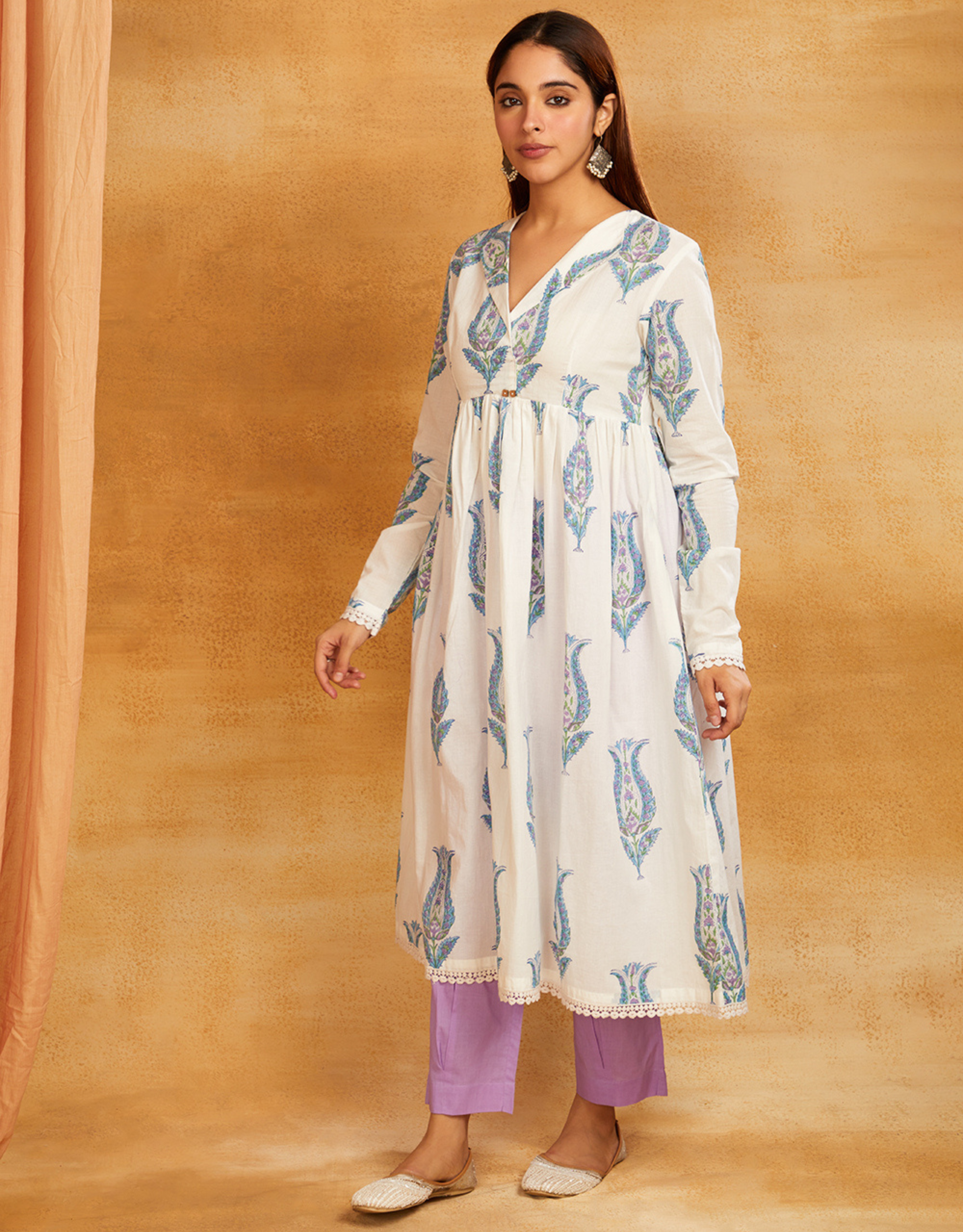 Mustard Block Printed Cotton Anarkali Kurta Lace Detailing