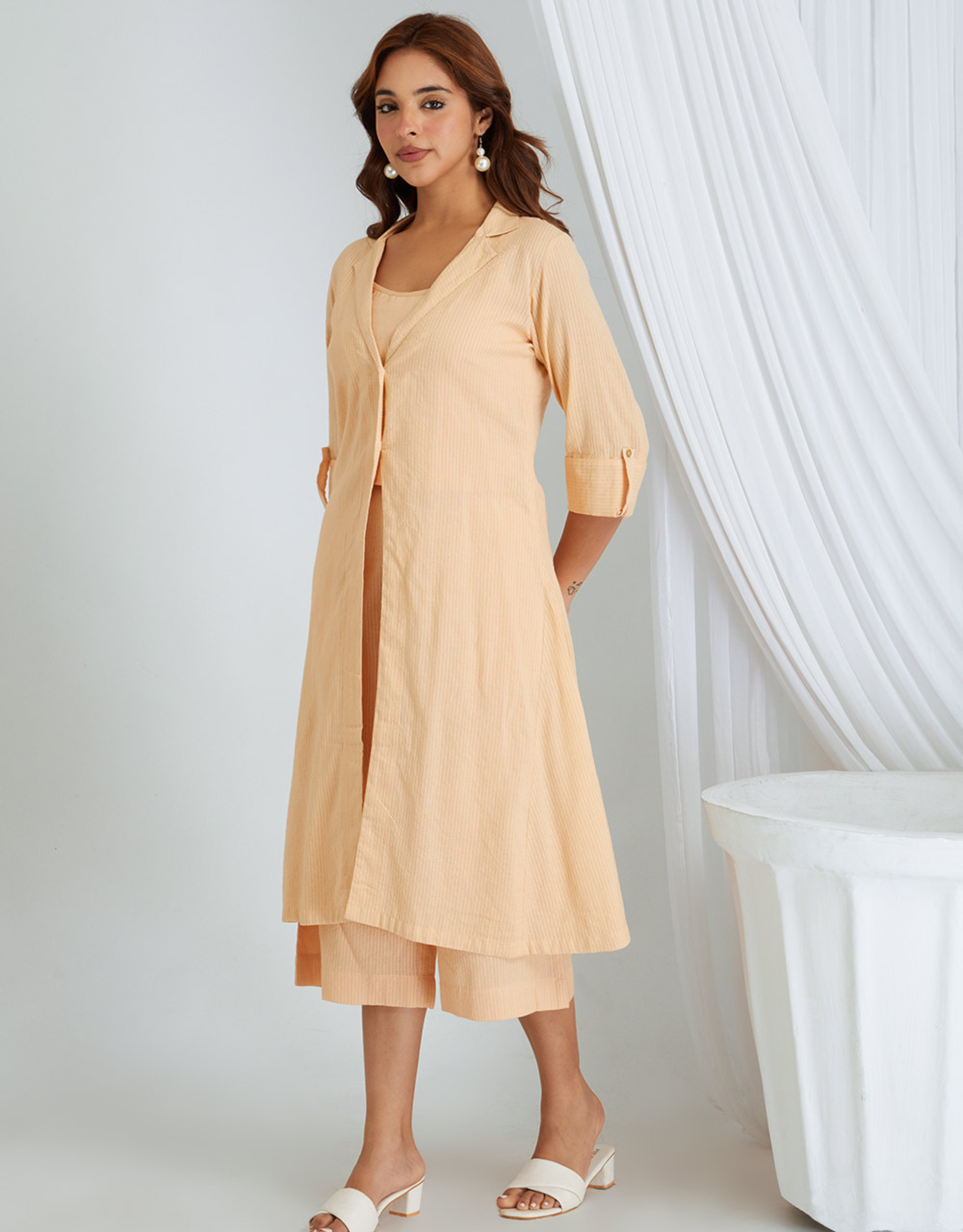 Peach Kantha Weaving Cotton Shrug Slip Pants Co-ord Set Collar
