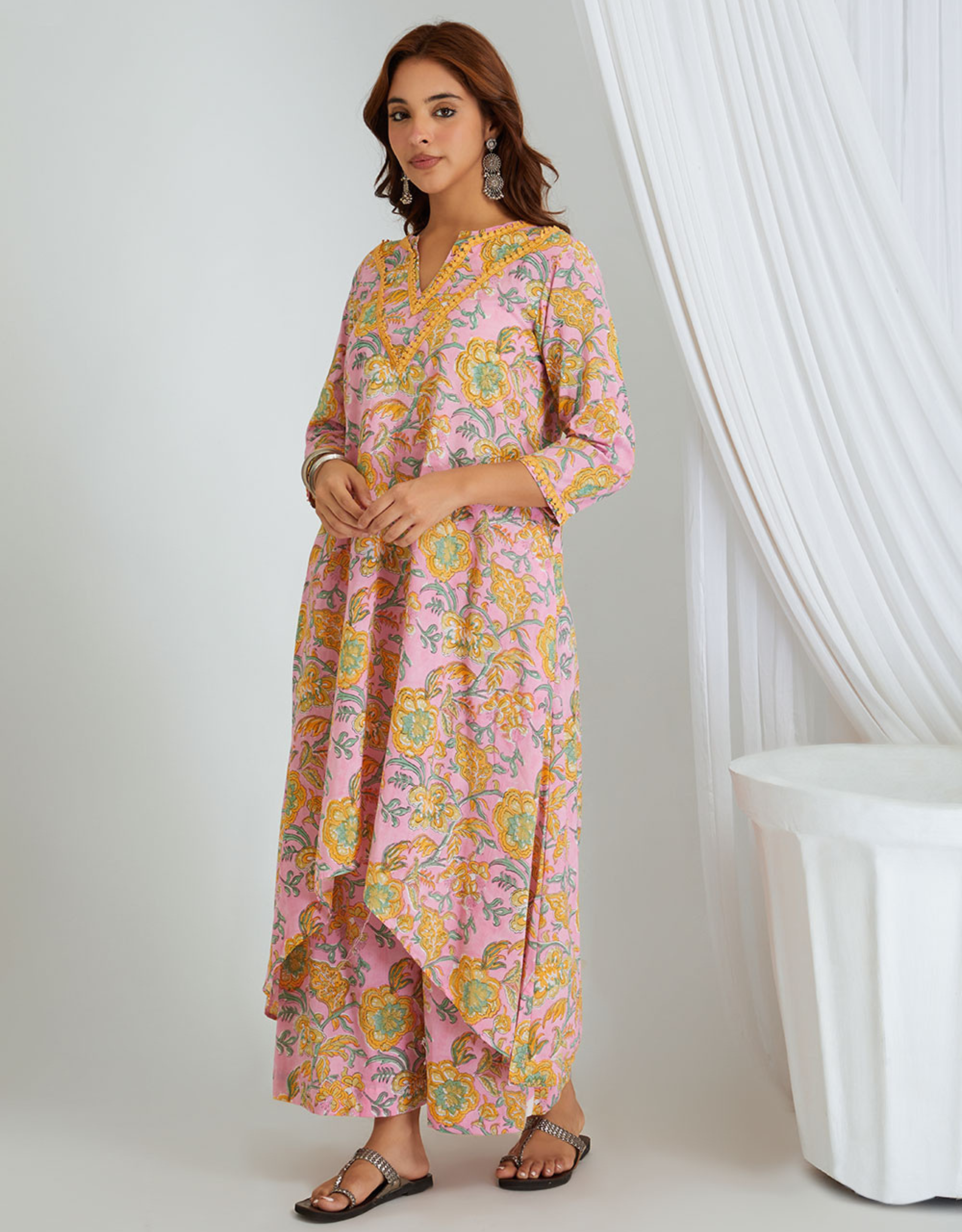 Pink Hand Block Cotton Kurta Pants Co-ord Set Lace Detail High Cut