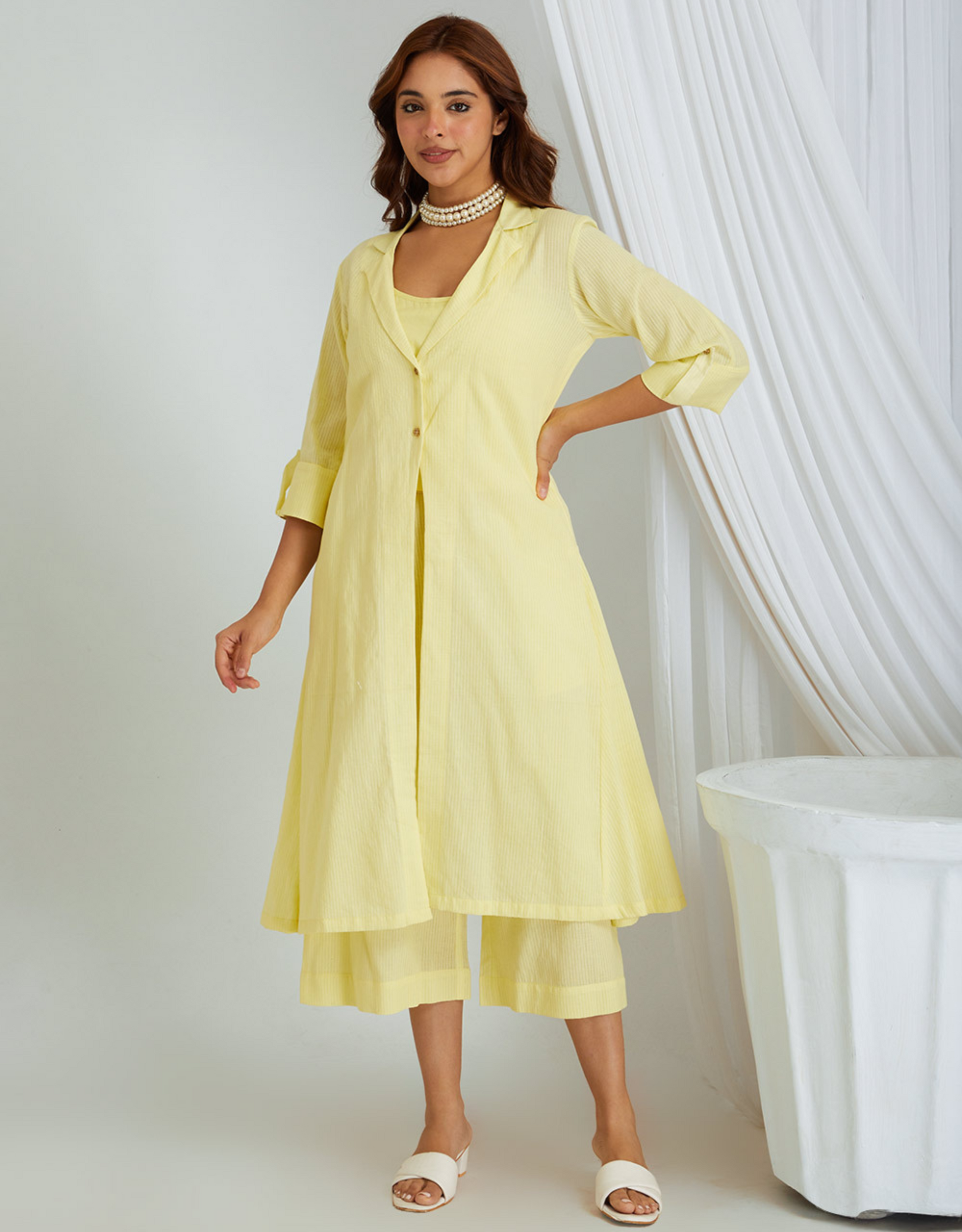 Yellow Kantha Weaving Cotton Shrug Slip Pants Co-ord Set Collar
