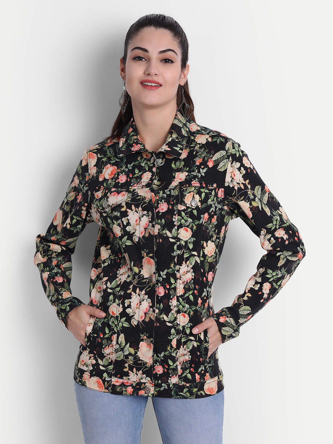 Chic Black Beige White Twill Lycra Floral Short Jacket