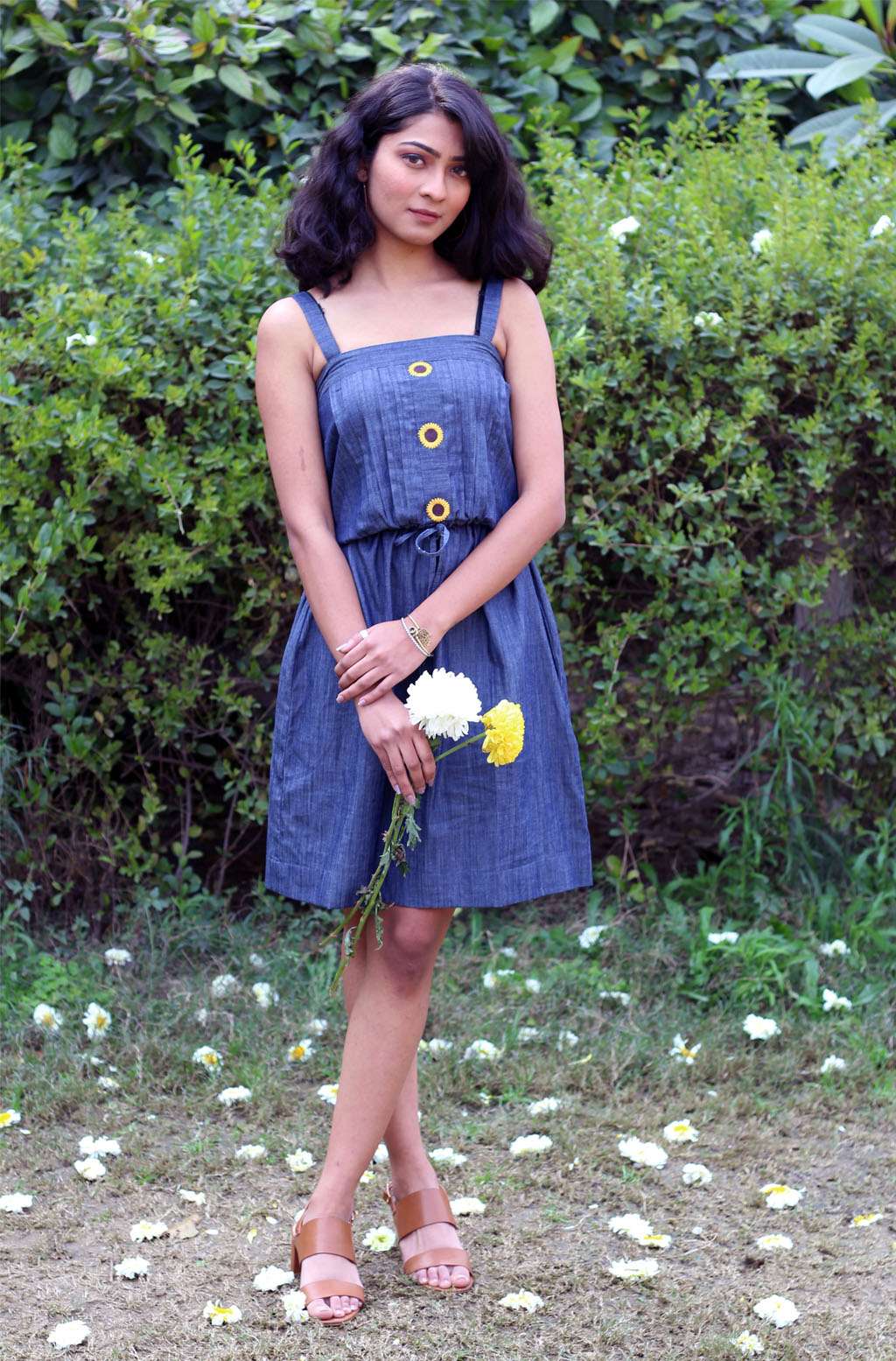 Sweet Blue Soft Denim Sunflower Embroidered Dress - Delilah