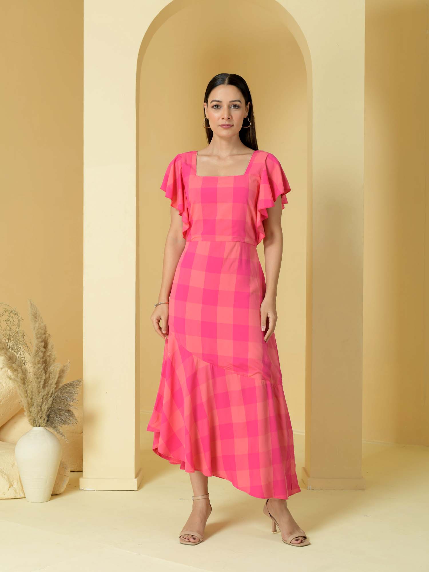 Flattering Pink Bubblegum Rayon Checks High-Low Dress Flared Sleeves