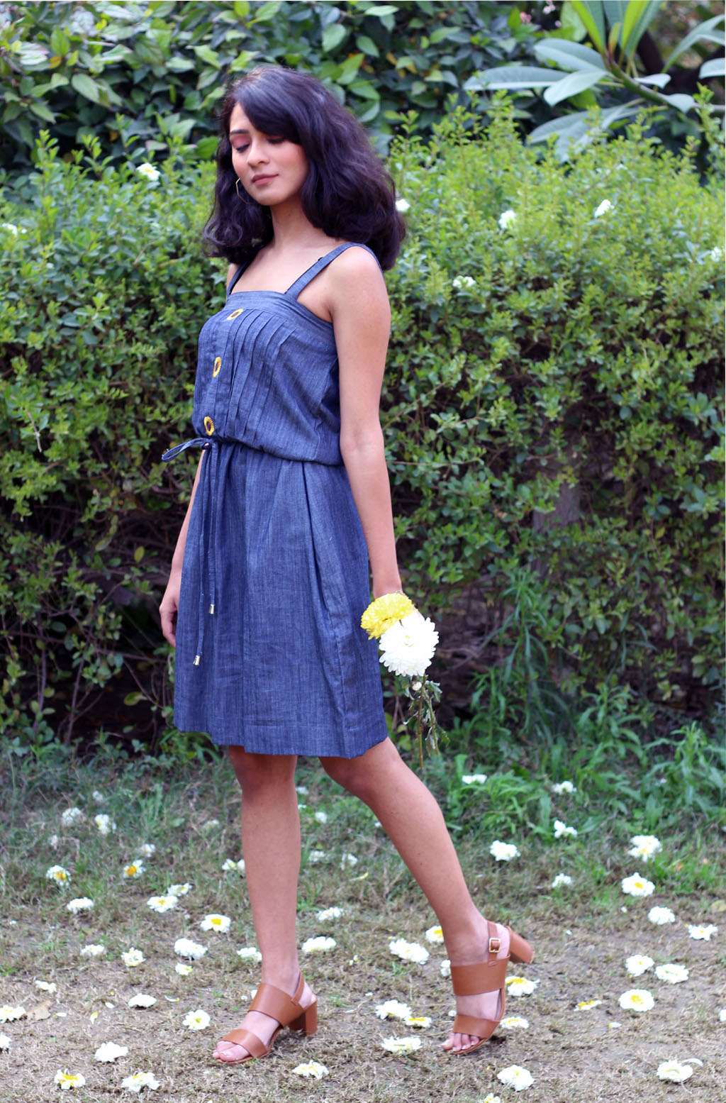 Sweet Blue Soft Denim Sunflower Embroidered Dress - Delilah