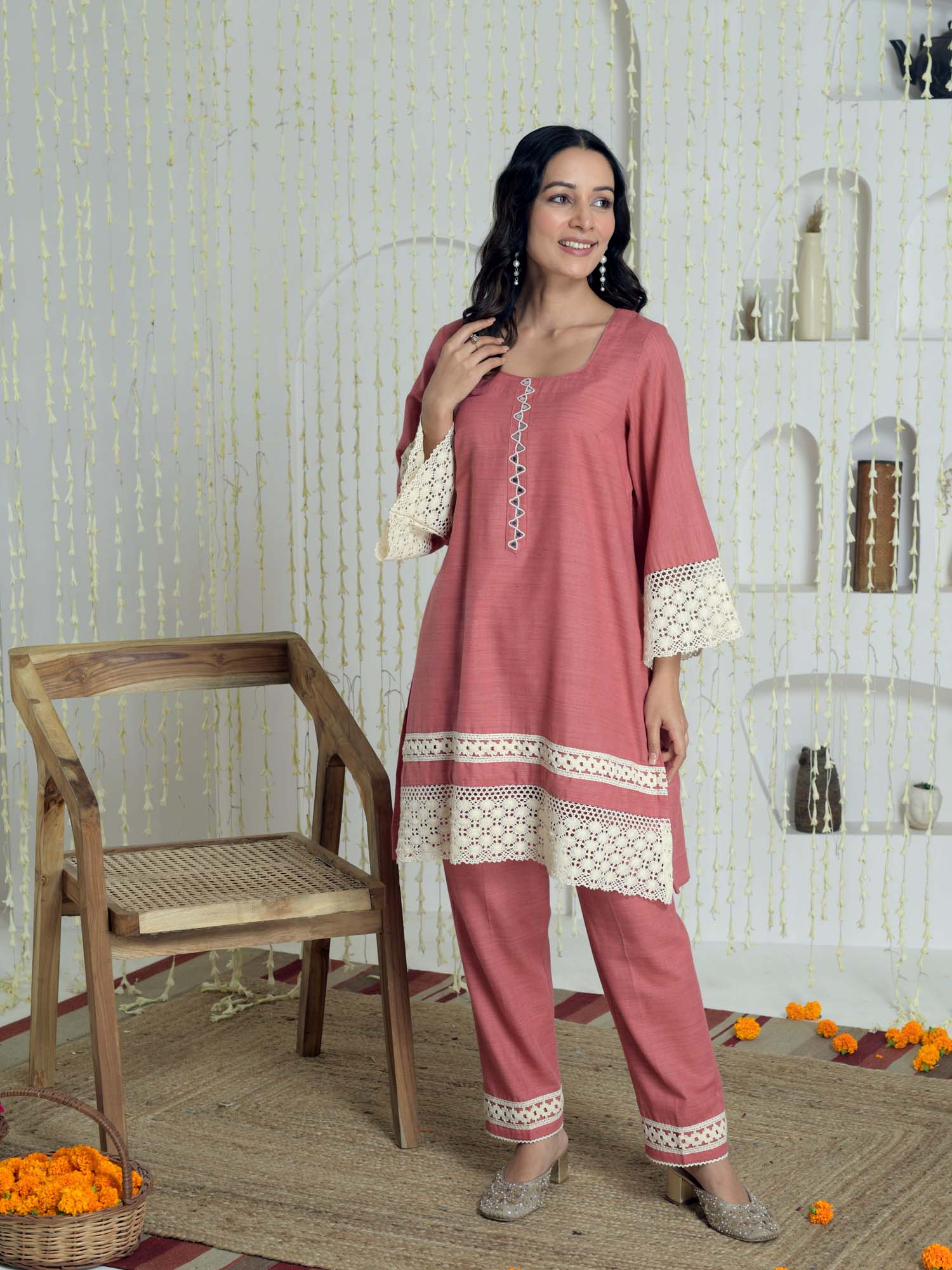 Elegant Coral Pink Chandheri Cotton Lace Coord Set Pakistani Style