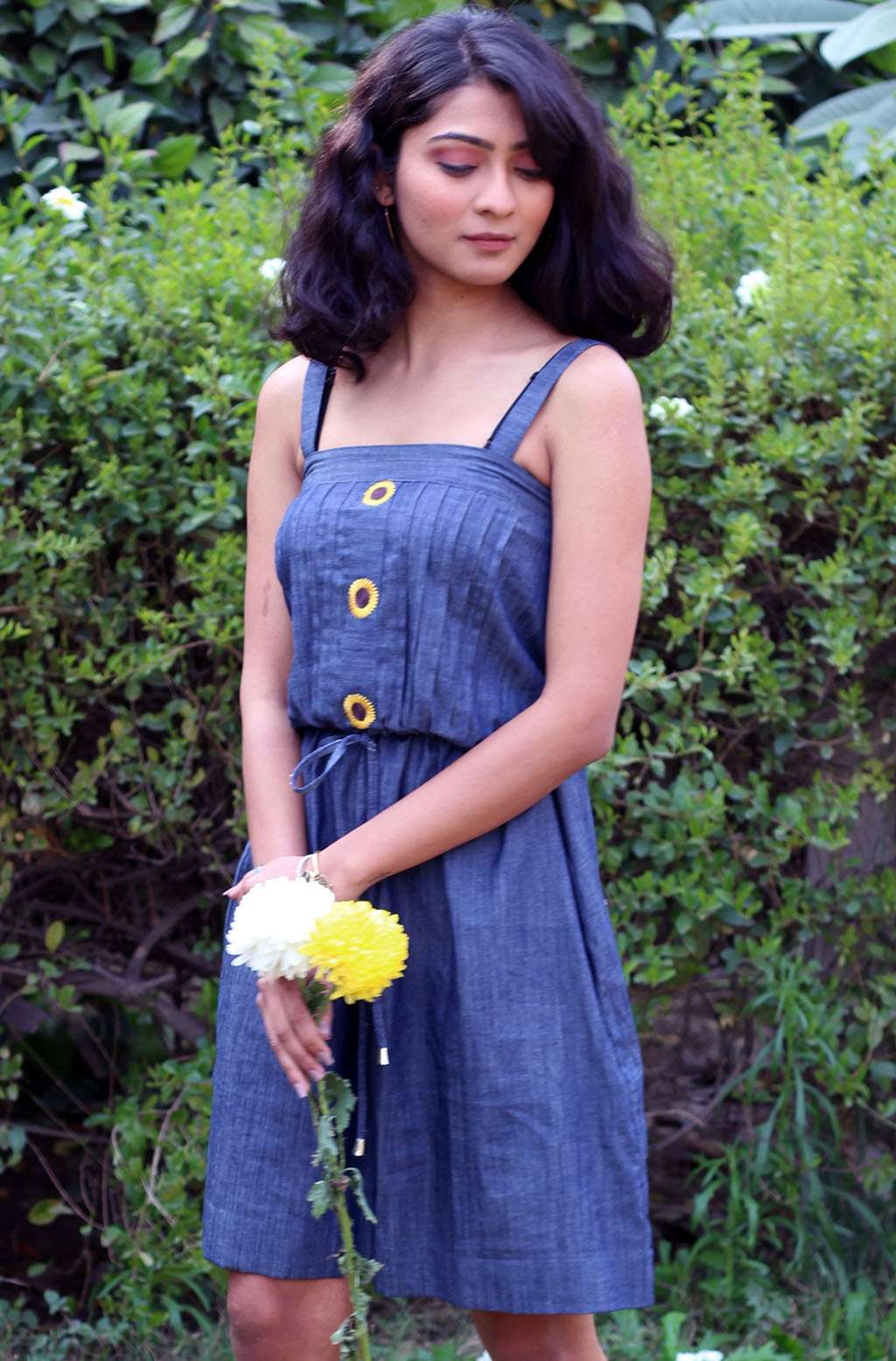 Sweet Blue Soft Denim Sunflower Embroidered Dress - Delilah
