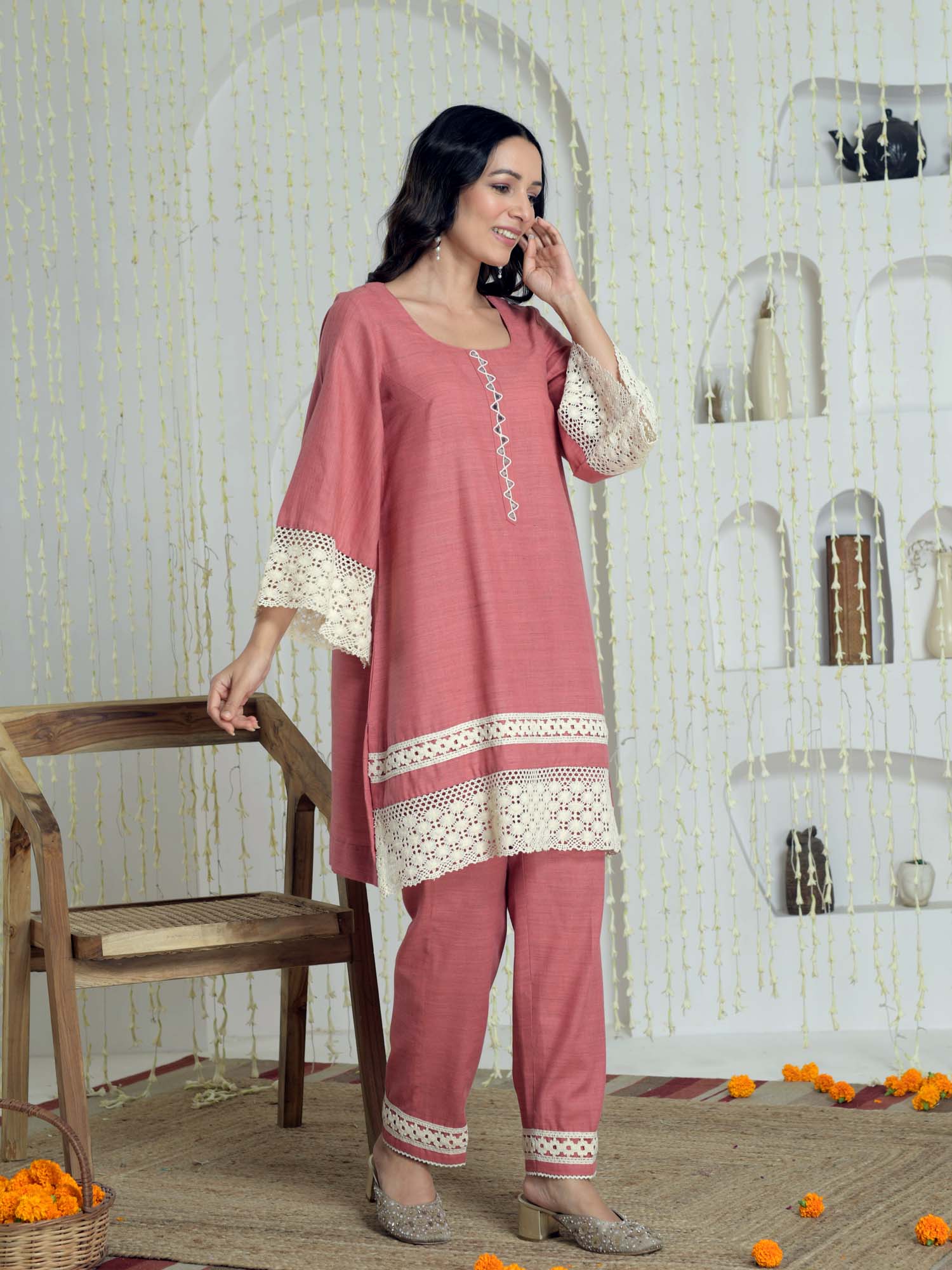 Elegant Coral Pink Chandheri Cotton Lace Coord Set Pakistani Style