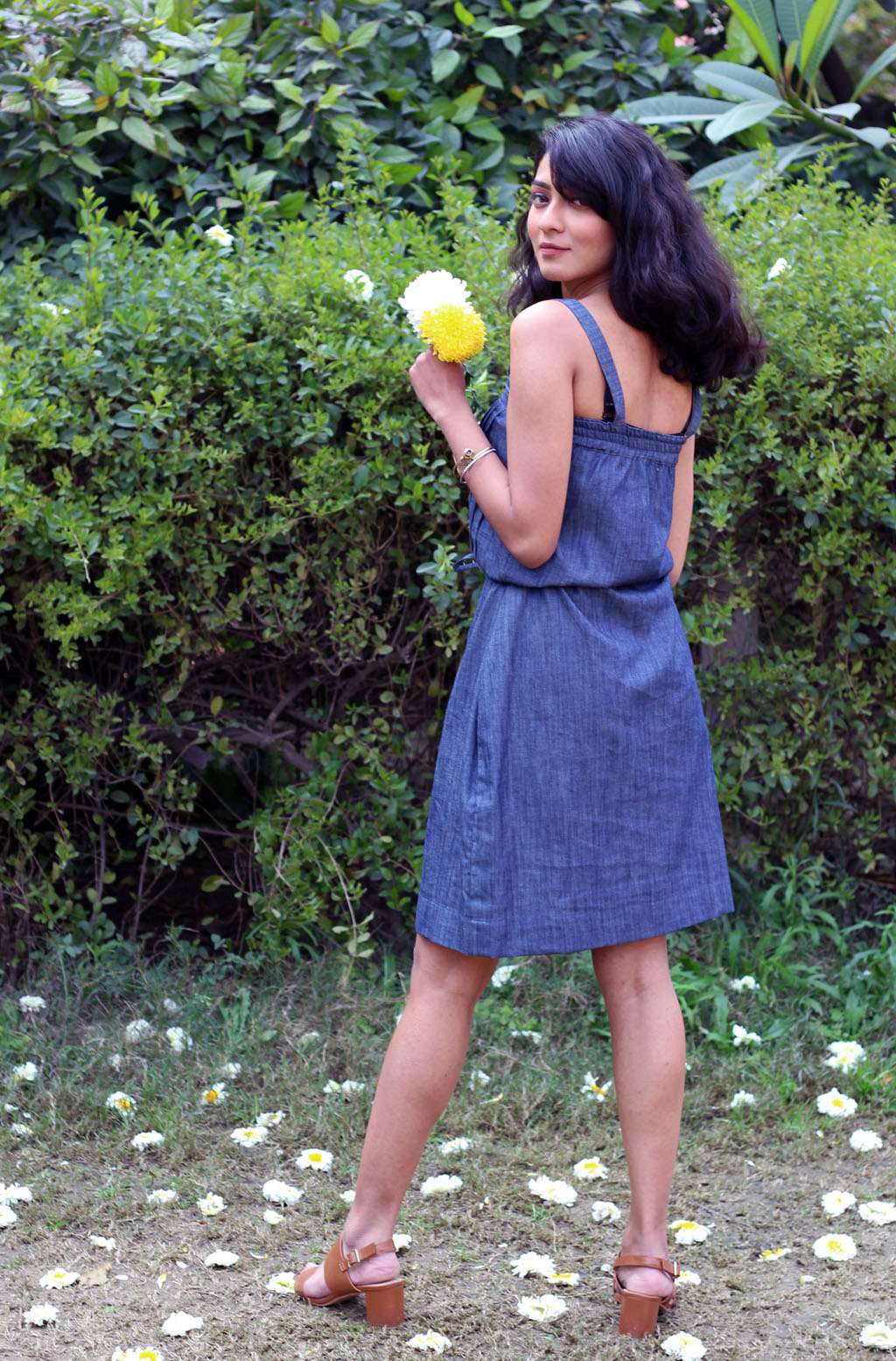 Sweet Blue Soft Denim Sunflower Embroidered Dress - Delilah