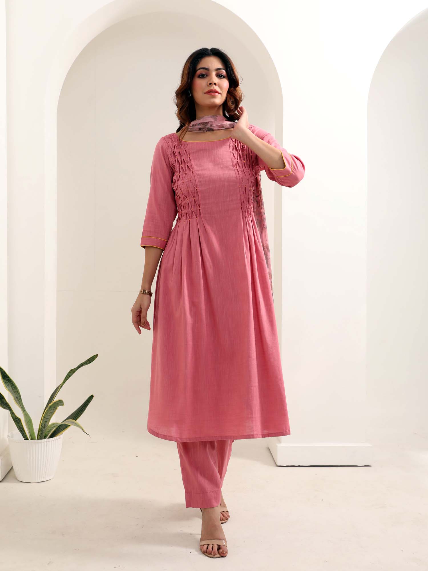 Light Pink Cotton A-Line Kurta Pant Net Dupatta Set - Pink Carnation