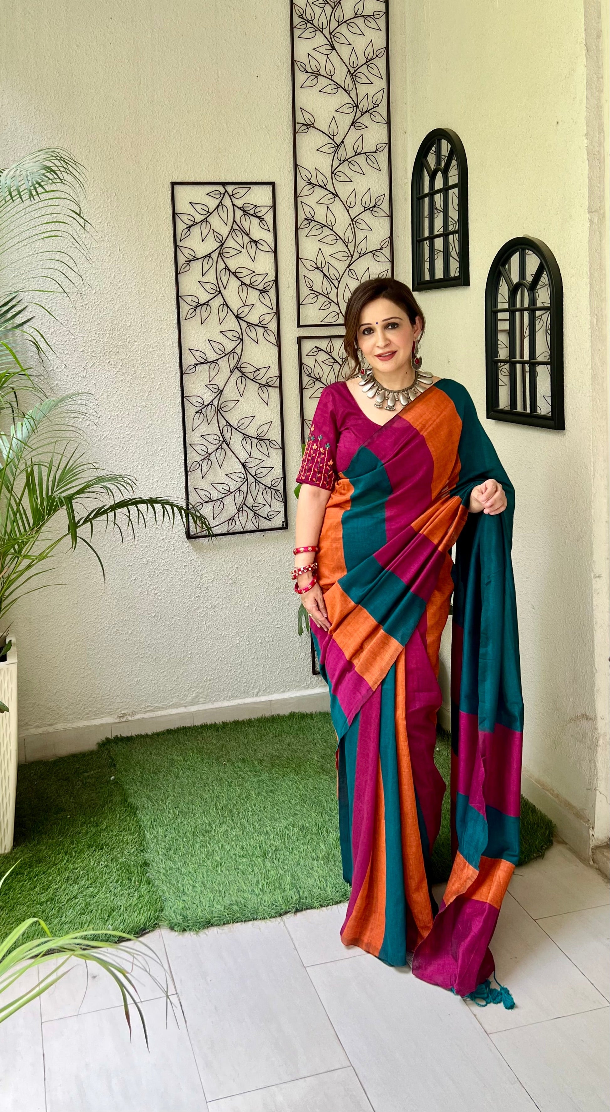 Handcrafted Multicolor Rust Orange Navy Rose Gold Cotton Striped Saree