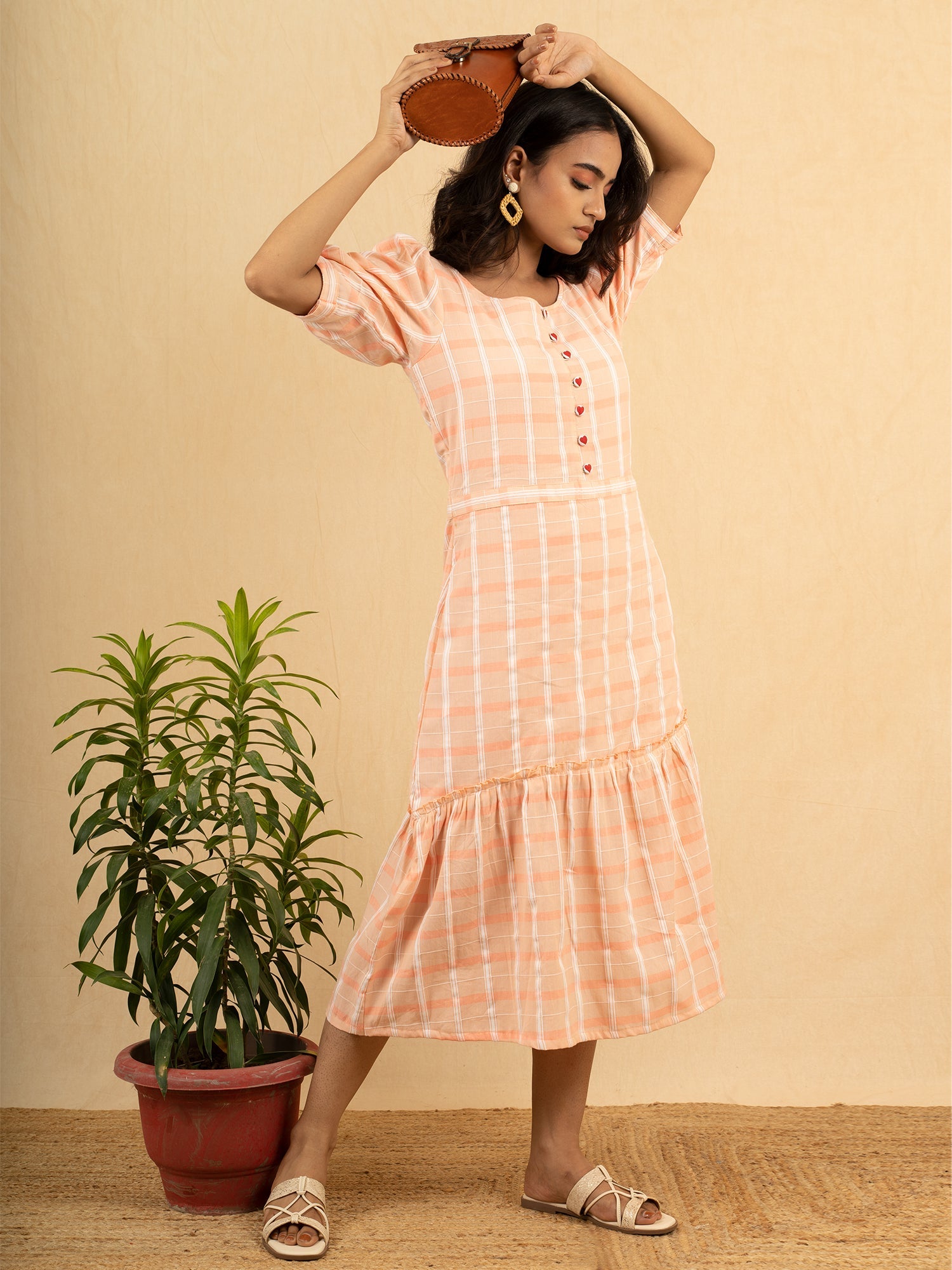 Romantic Peach Pink Cream Cotton Gathered Dress Heart Buttons - Love Birds