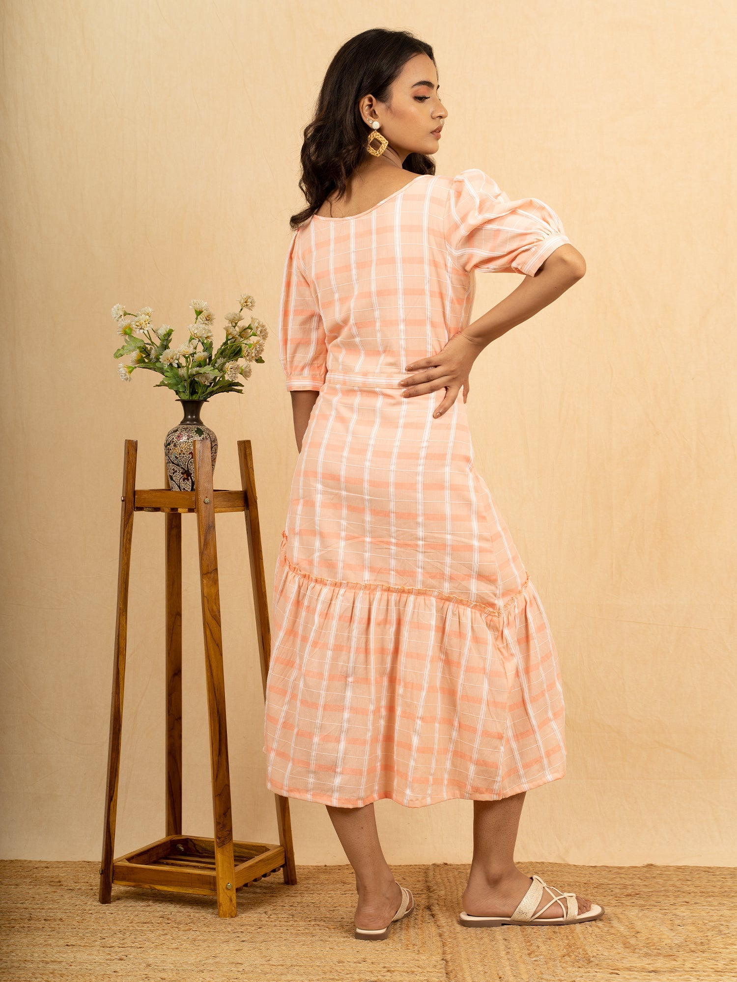 Romantic Peach Pink Cream Cotton Gathered Dress Heart Buttons - Love Birds