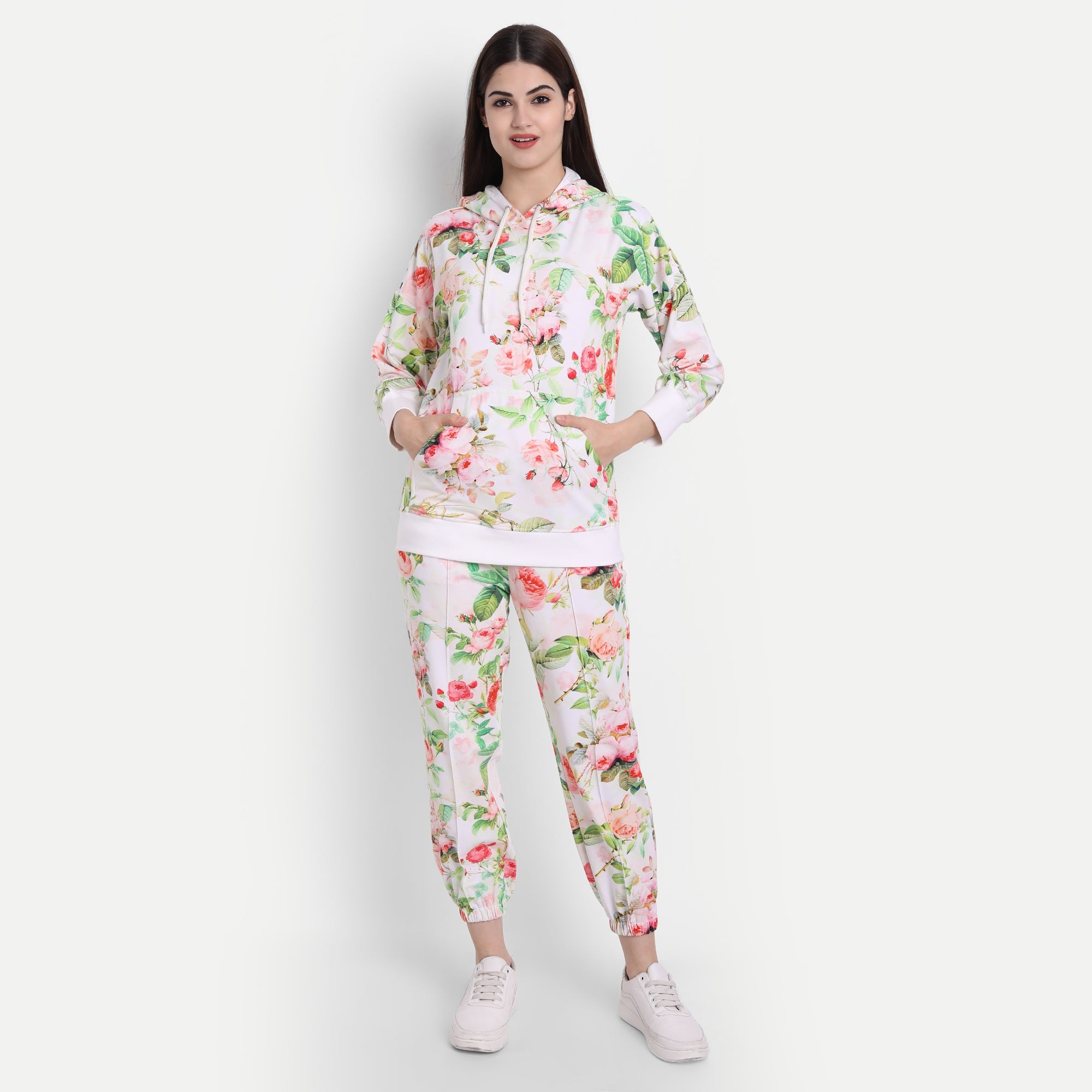 Elegant White French Terry Lycra Pristine Petals Floral Coord Set