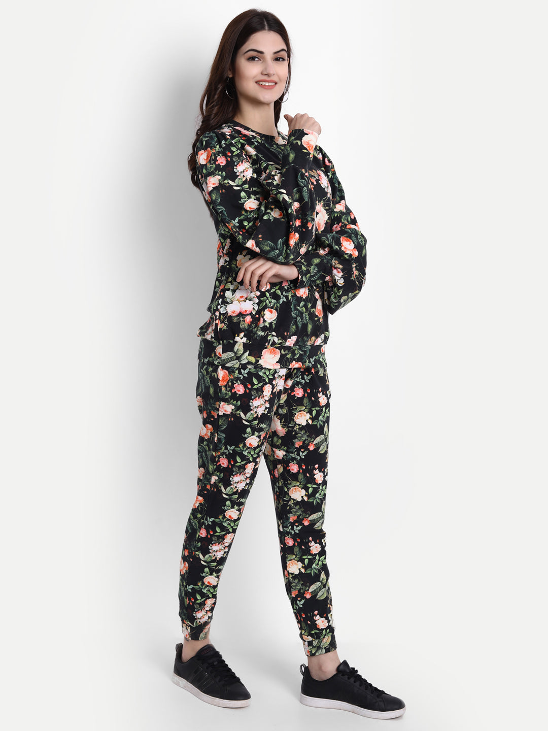 Elegant Black Beige White French Terry Floral Coord Set