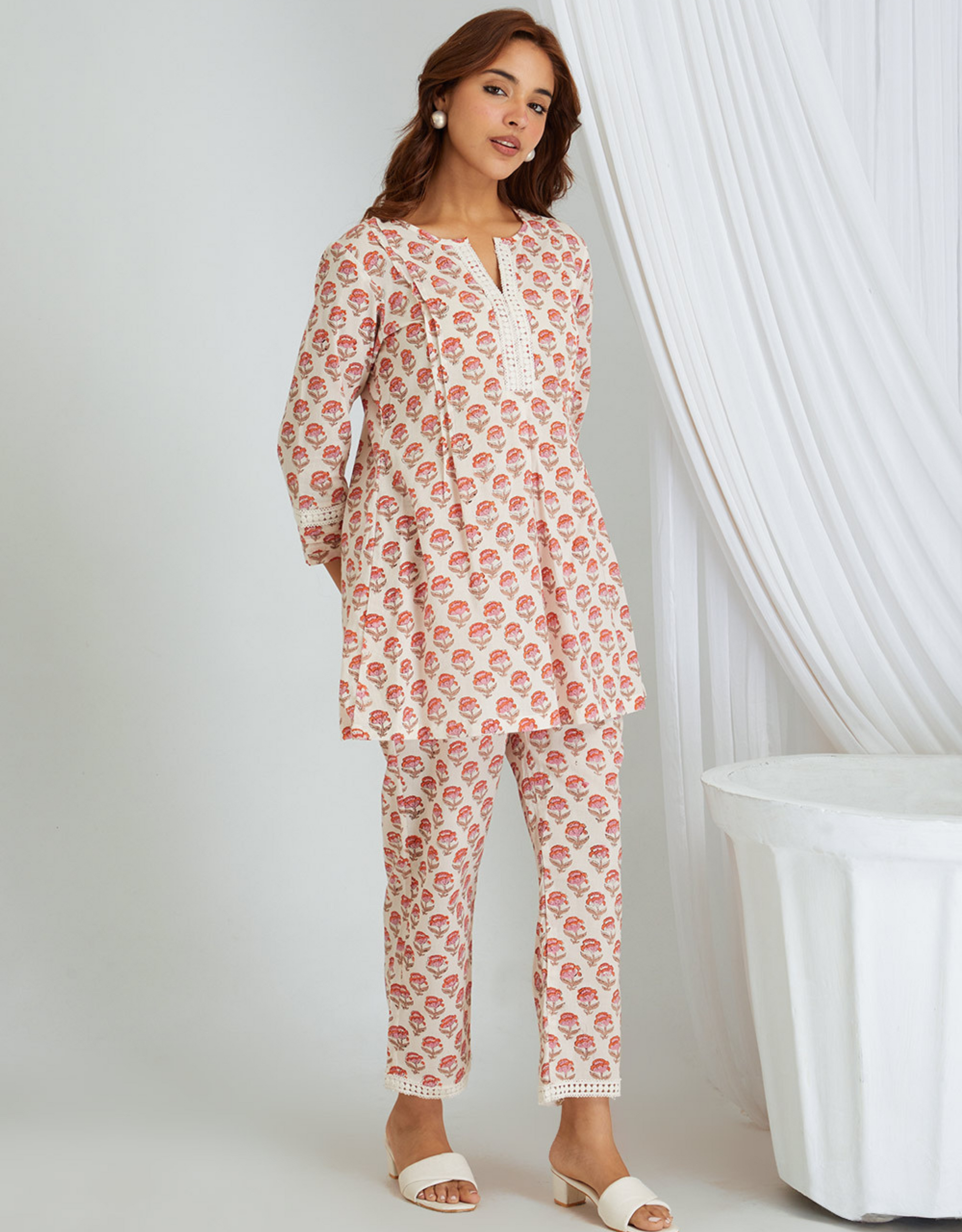White Pink Hand Block Cotton Tunic Pants Co-ord Set Lace Detail