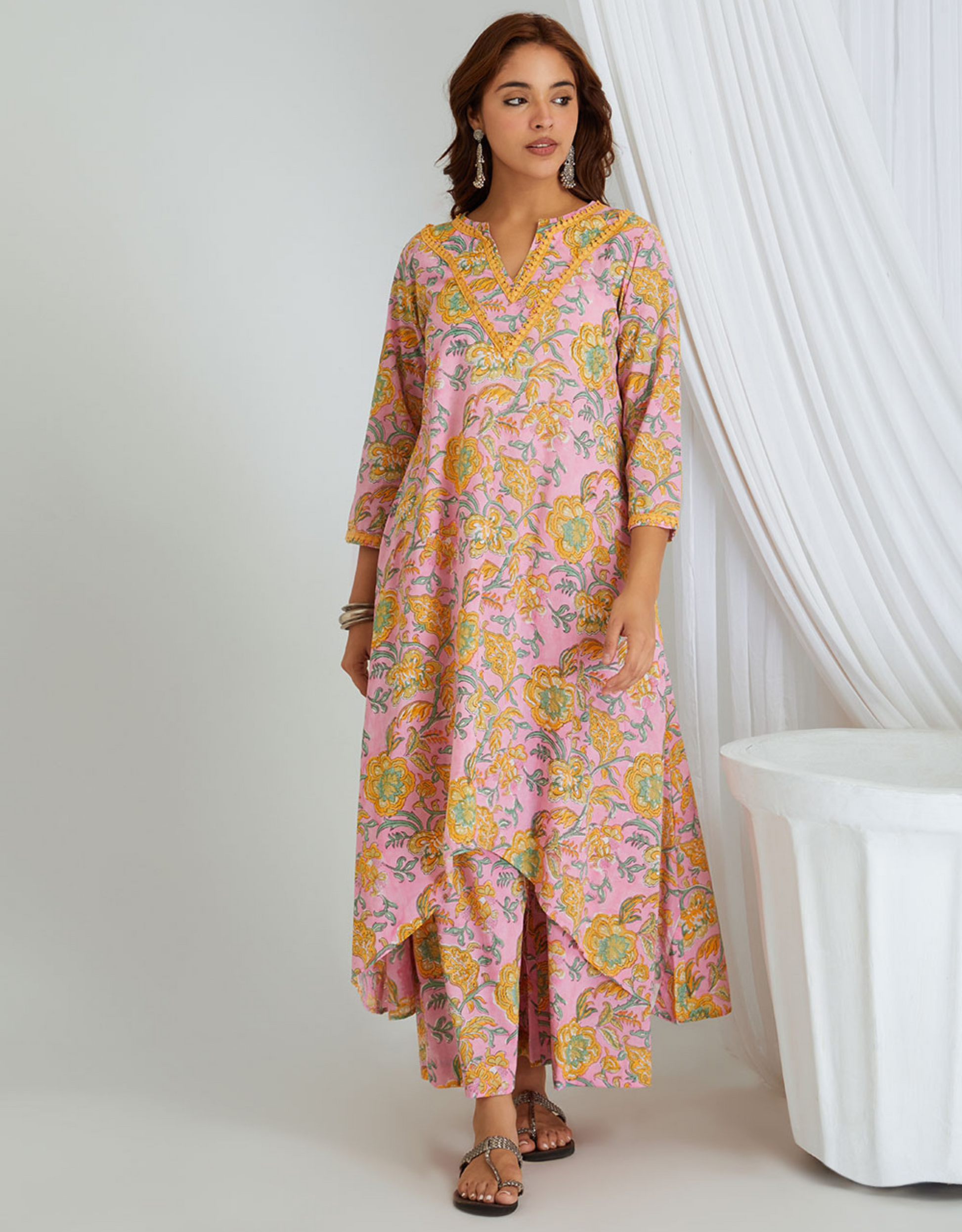 Pink Hand Block Cotton Kurta Pants Co-ord Set Lace Detail High Cut