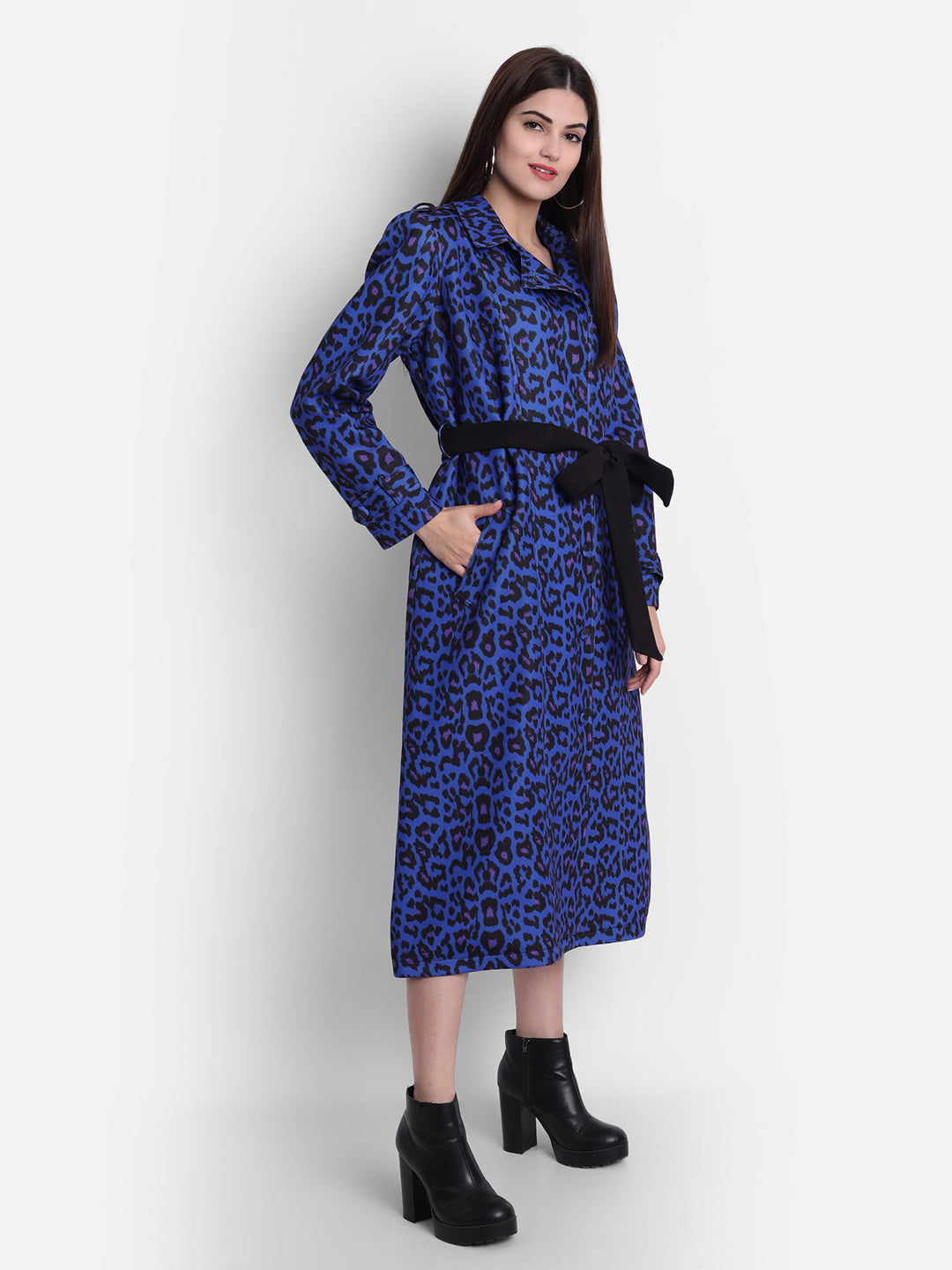 Fierce Blue Polyester Leopard Print Trench Coat