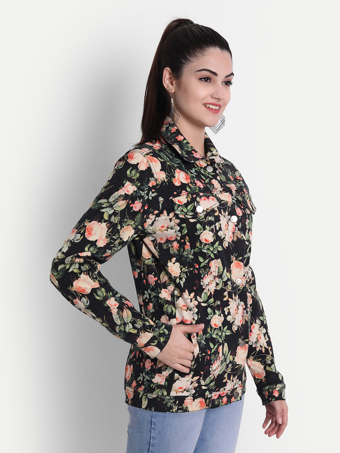 Chic Black Beige White Twill Lycra Floral Short Jacket