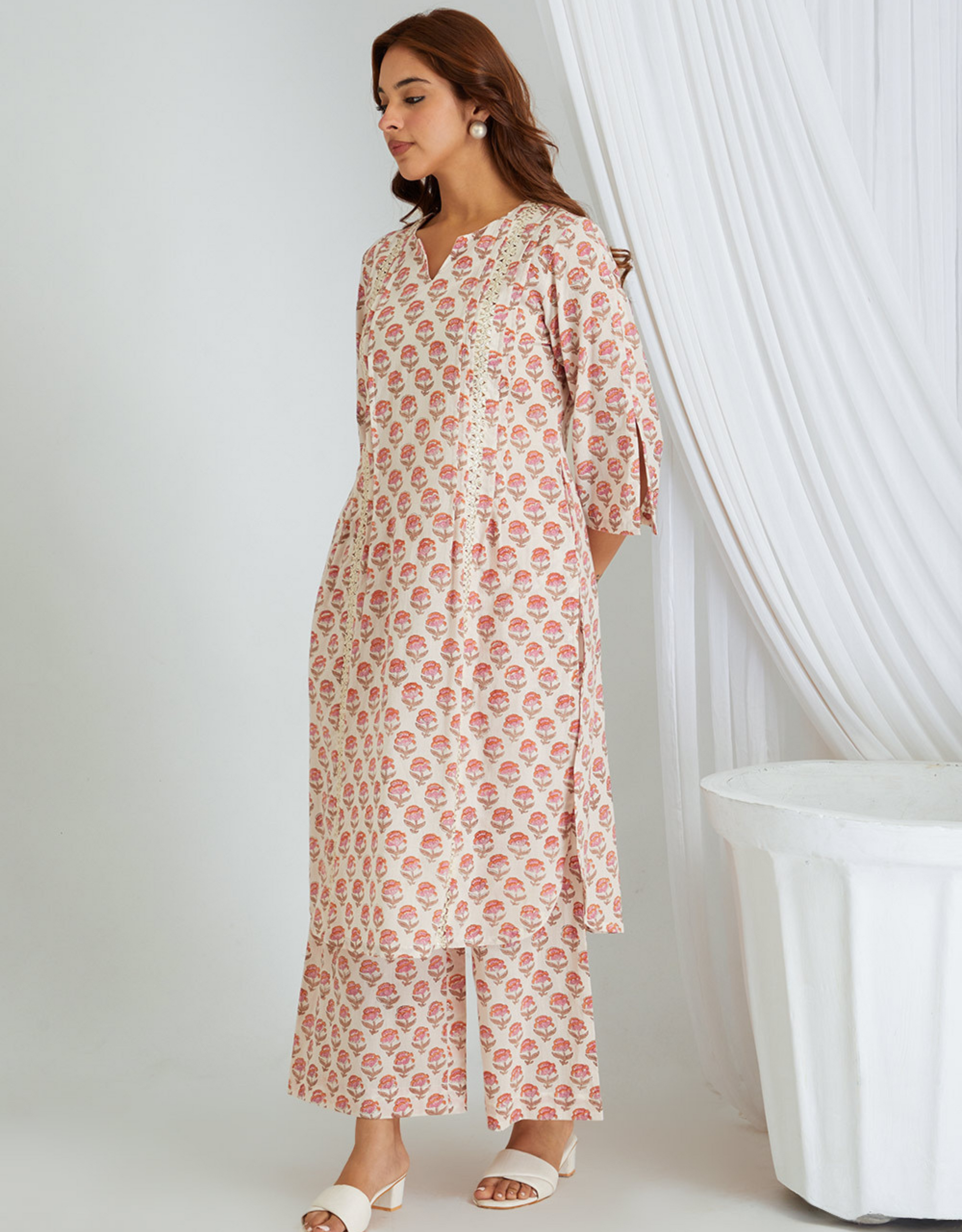 White Pink Hand Block Cotton Kurta Palazzo Co-ord Set Lace Tucks