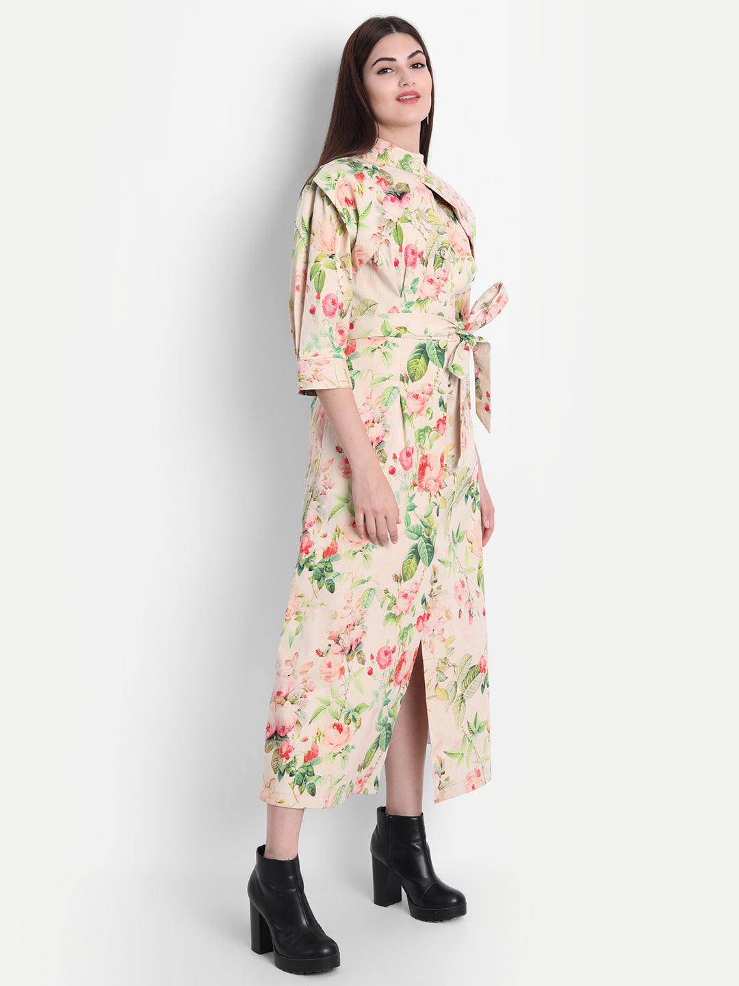 Enchanting White Twill Lycra Floral Trench Coat