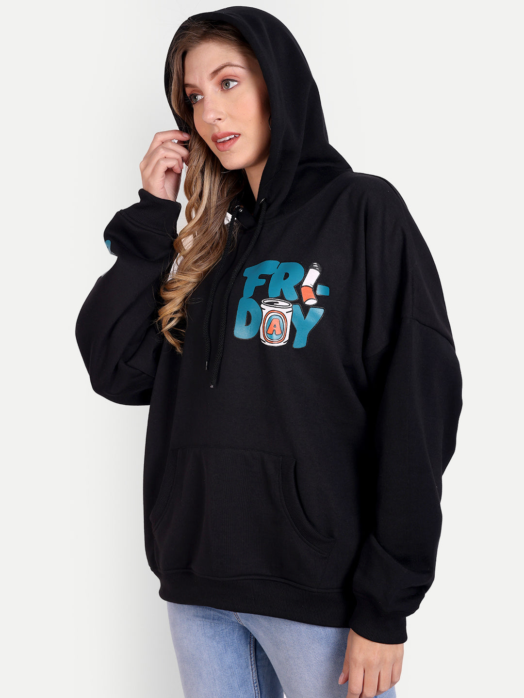 Stylish Black Fleece Weekend Print Sweatshirt - Front Back