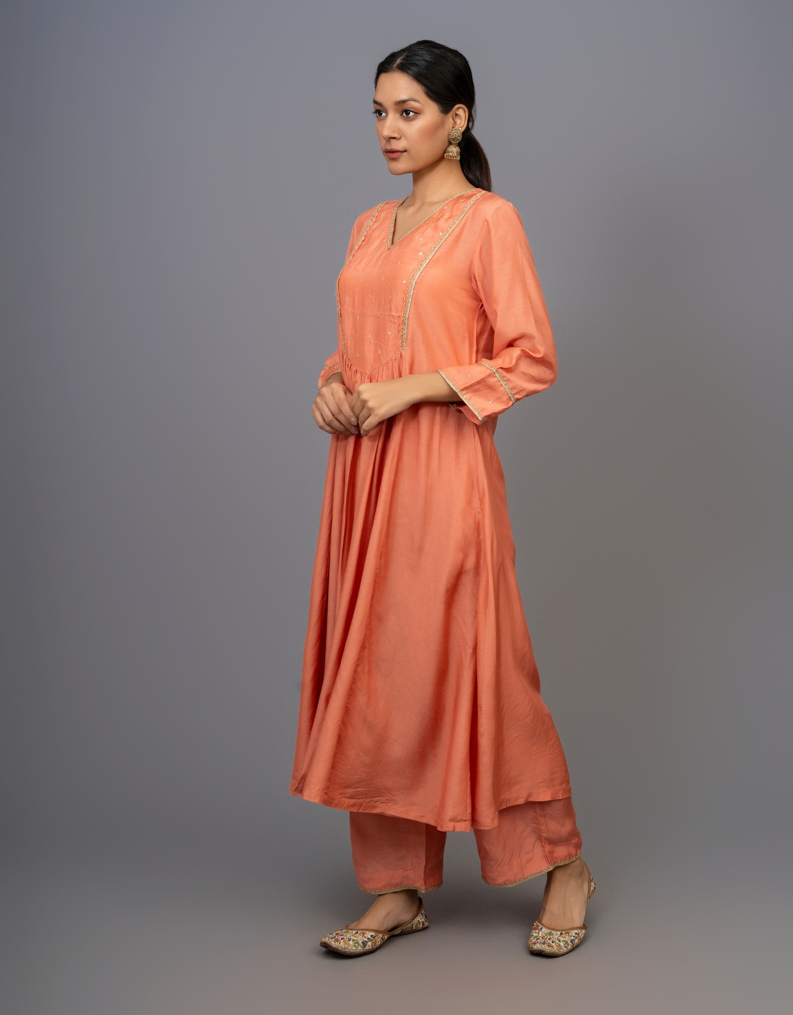Rust Cotton Silk Hand Embroidered Gathered A-line Kurta Pants Set