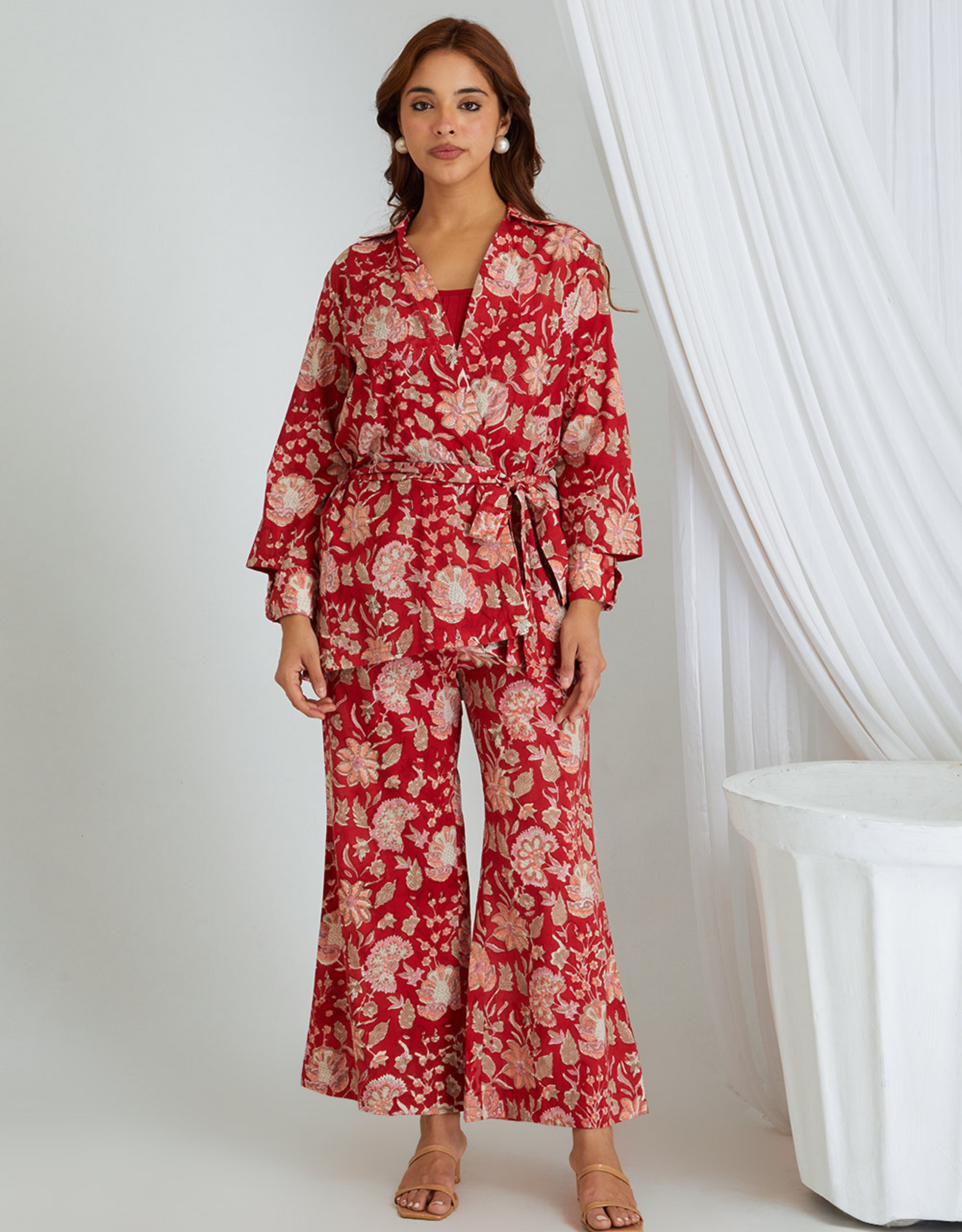 Red Hand Block Cotton Shirt Top Slip Pants Co-ord Set Belt Knot