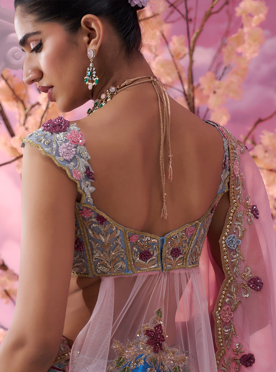 Fairytale Sky Blue Castle & Carriage Embroidered Lehenga Set