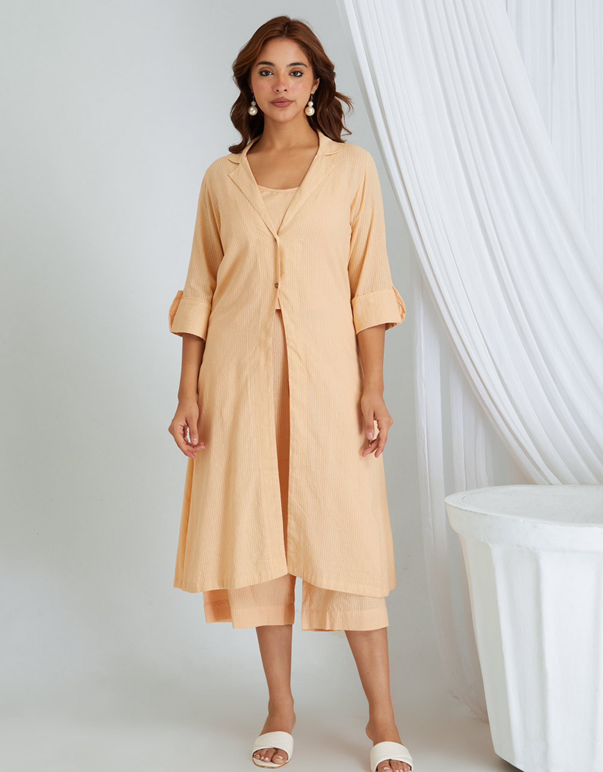 Peach Kantha Weaving Cotton Shrug Slip Pants Co-ord Set Collar