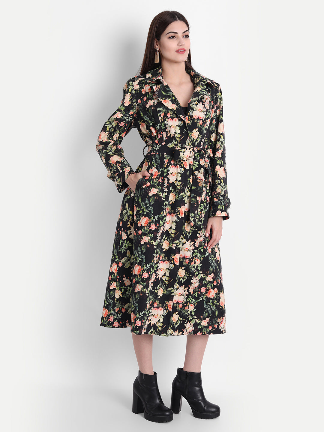 Sophisticated Black Beige White Twill Lycra Floral Trench Coat