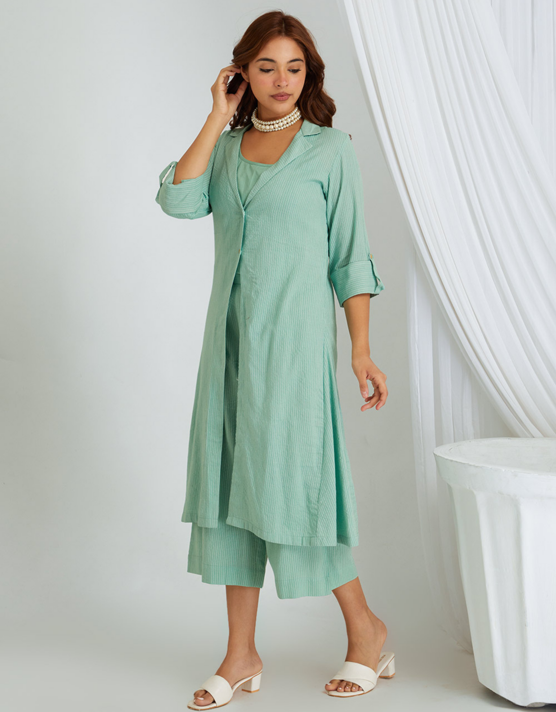 Sea Green Kantha Weaving Cotton Shrug Slip Pants Co-ord Set Collar