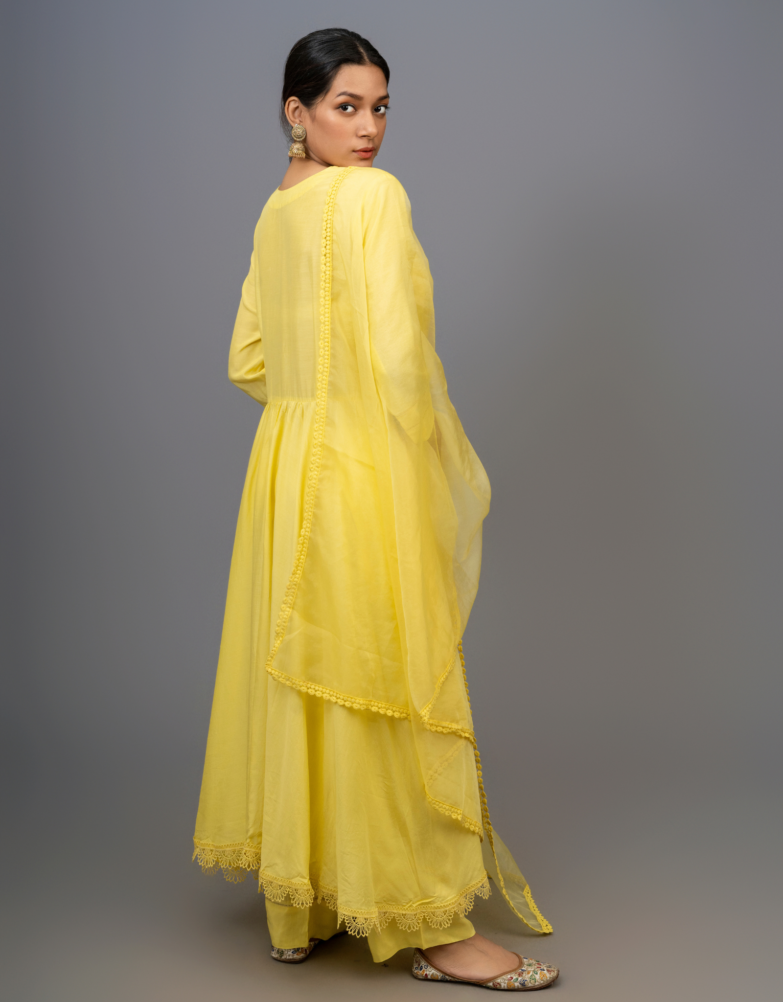 Yellow Cotton Silk Gathered A-line Angrakha Kurta Pants Lace