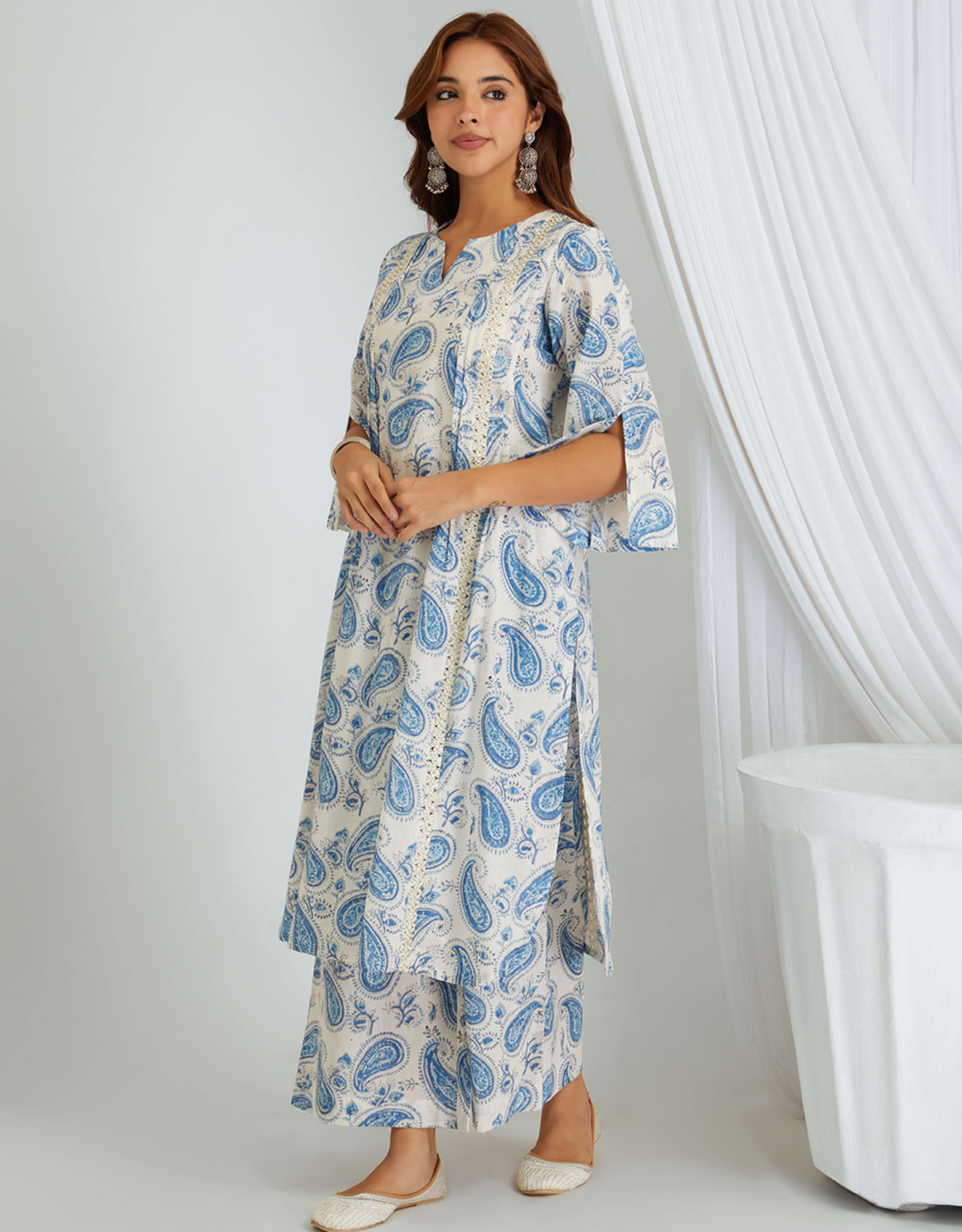 White Blue Hand Block Cotton Kurta Palazzo Co-ord Set Lace Tucks