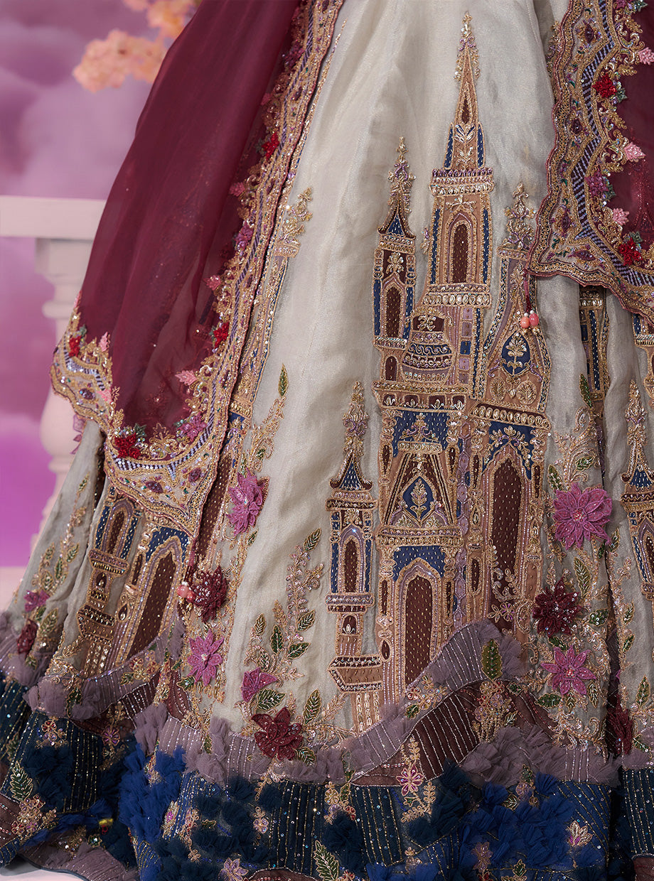 Sage Green Tissue Castle Lehenga with Hot Pink Dupatta