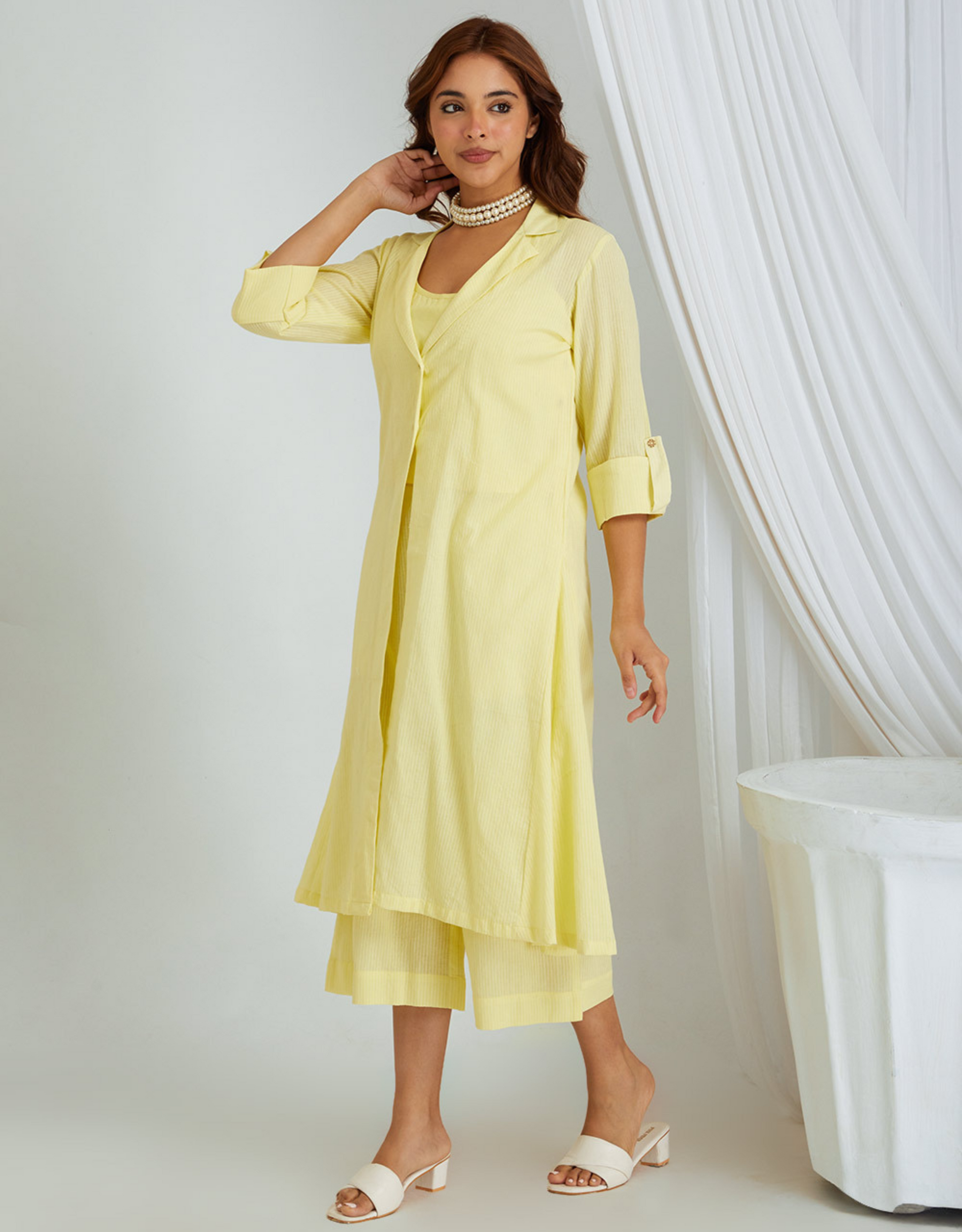 Yellow Kantha Weaving Cotton Shrug Slip Pants Co-ord Set Collar