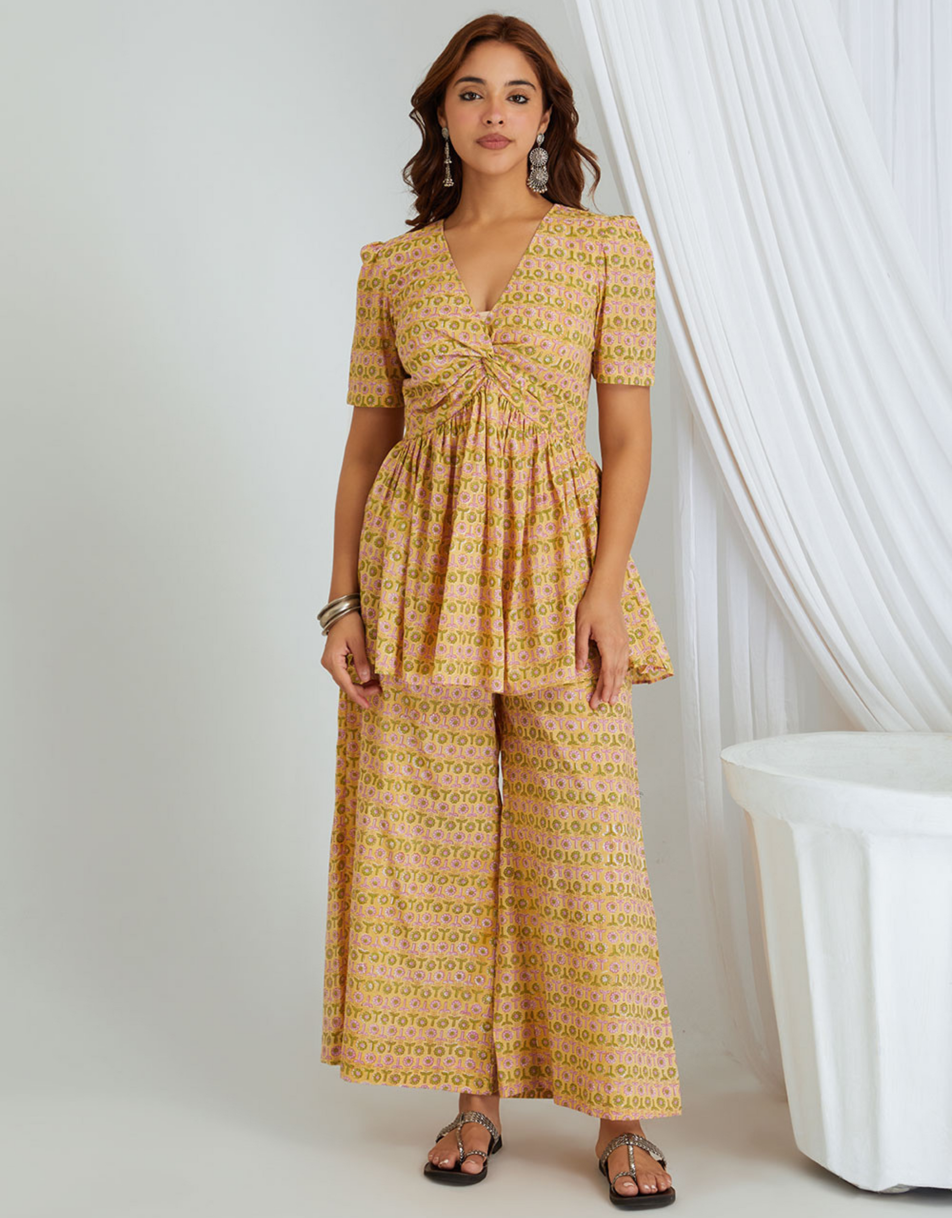 Mustard Yellow Hand Block Cotton Tunic Palazzo Co-ord Set Crushed Roll