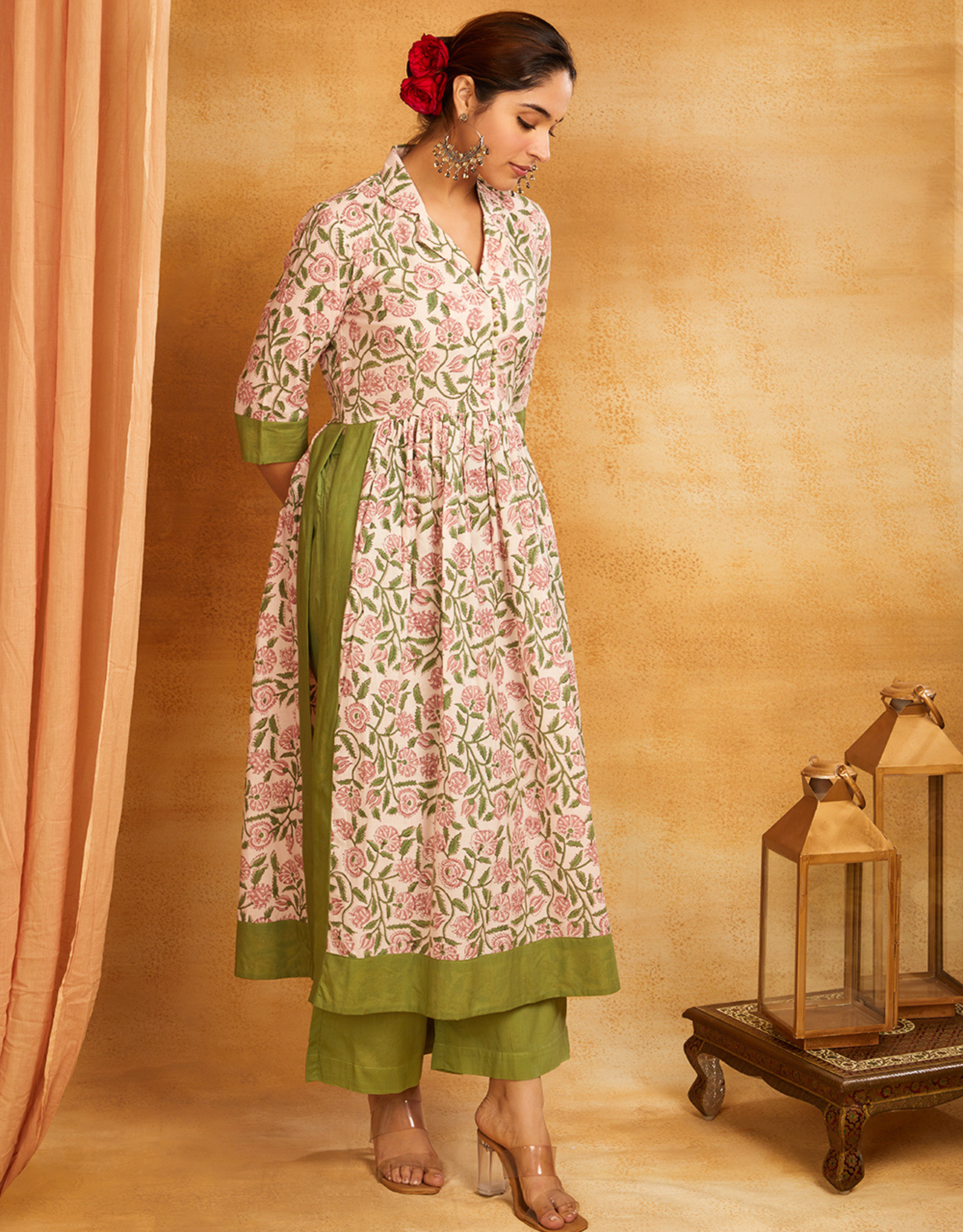 Green Block Printed Cotton Long Slit Kurta Palazzo