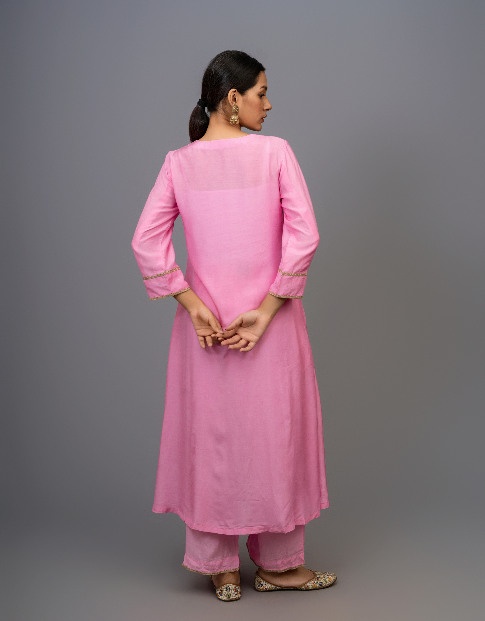 Purple Cotton Silk Hand Embroidered A-line Kurta Pants Set