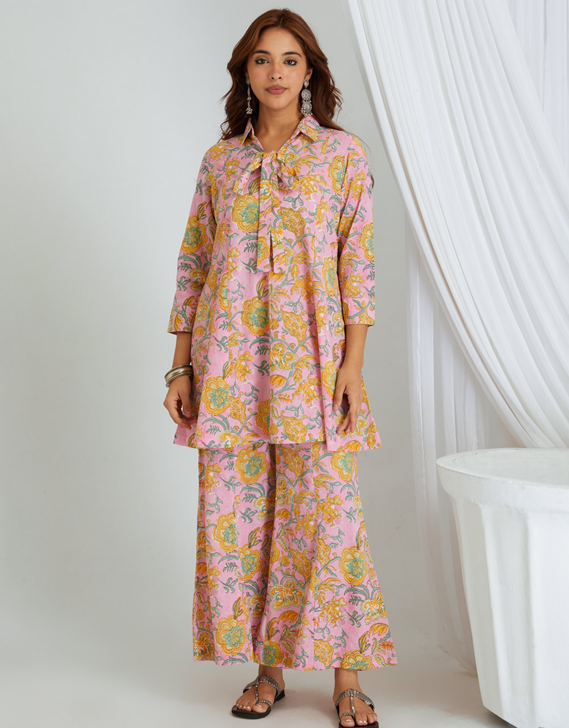 Pink Hand Block Cotton Tunic Palazzo Co-ord Set Kali Front