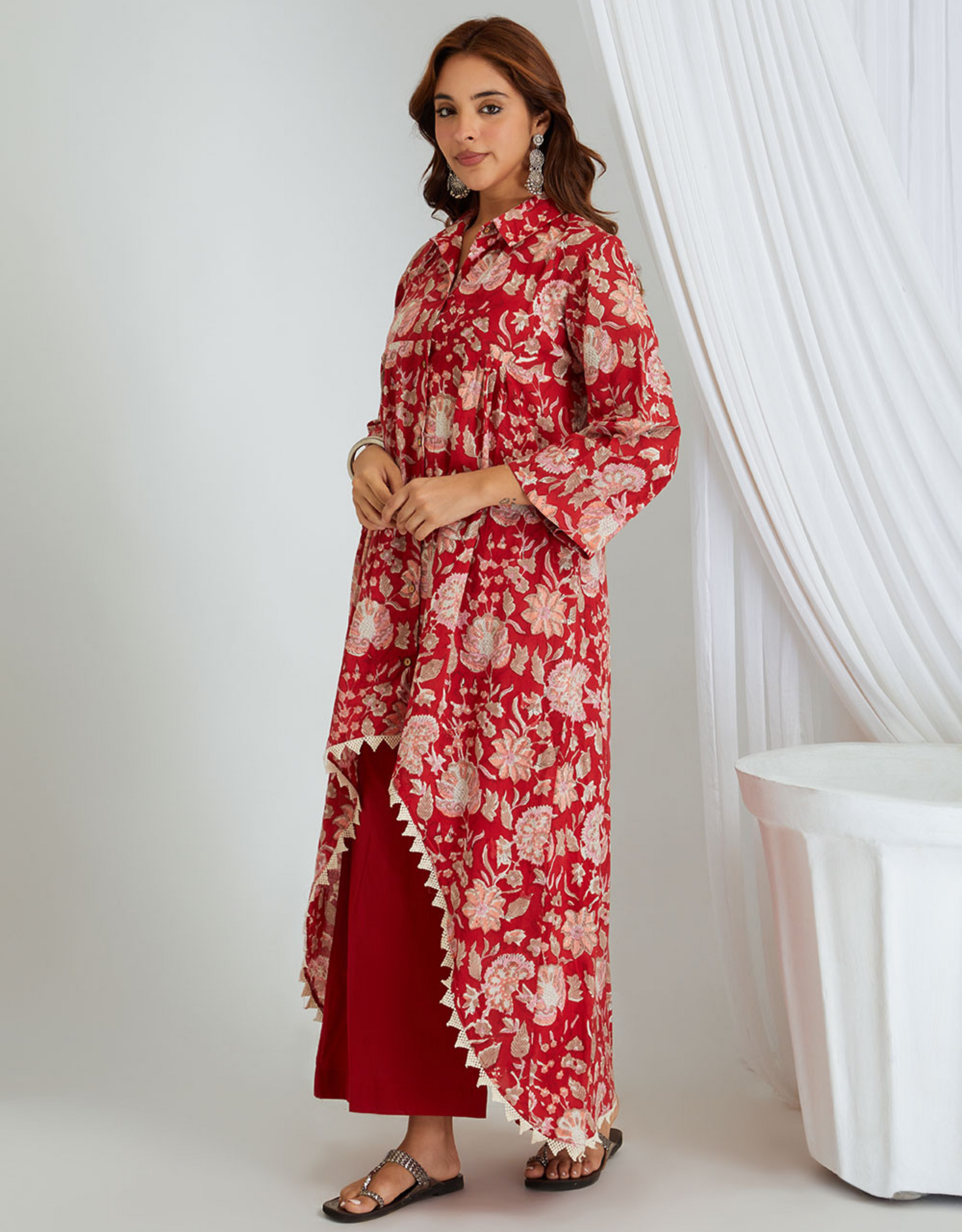 Red Hand Block Cotton High-Low Kurta Pants Co-ord Set Lace