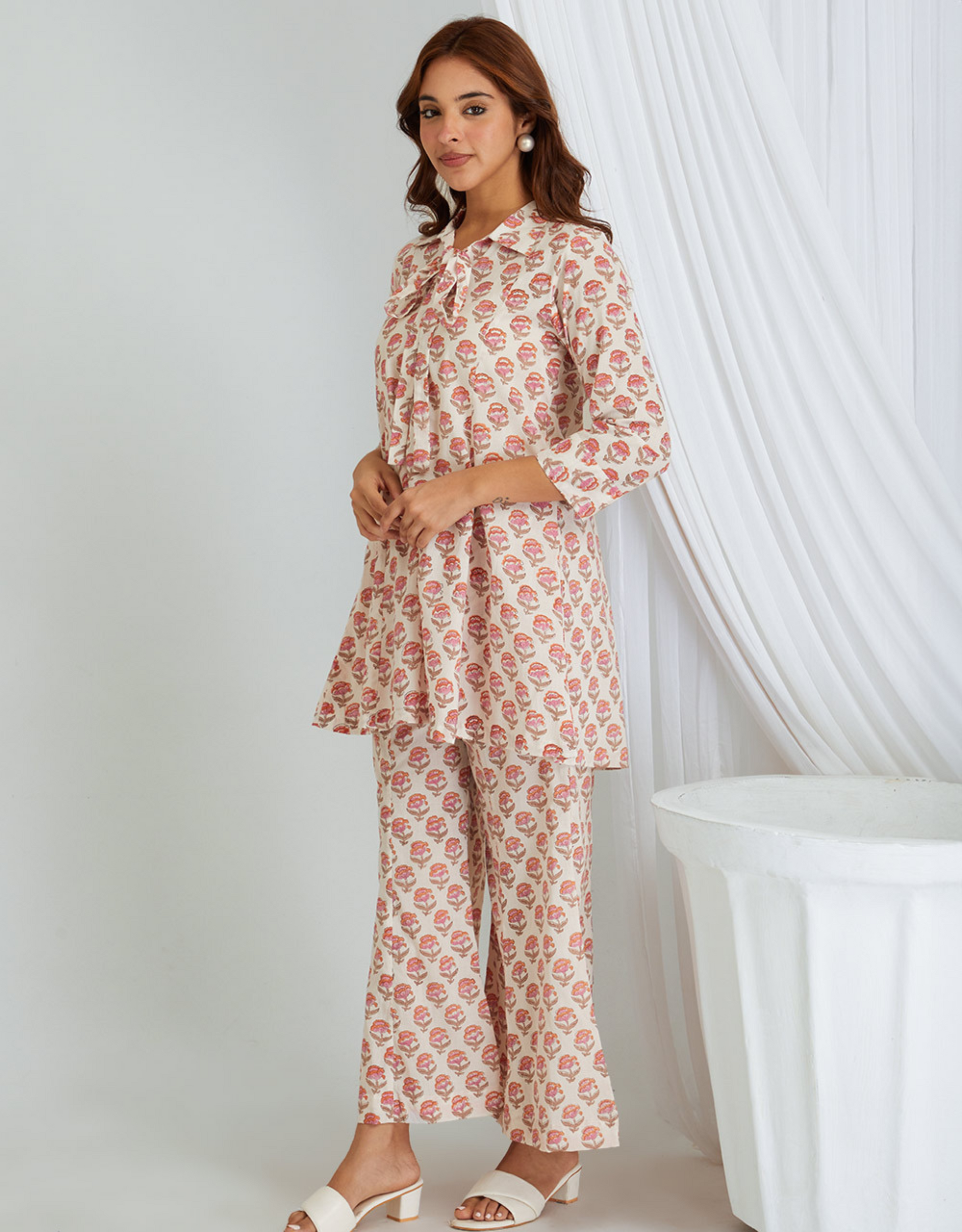 Pink Block Printed Cotton Tunic Palazzo Co-ord Set Kali Front