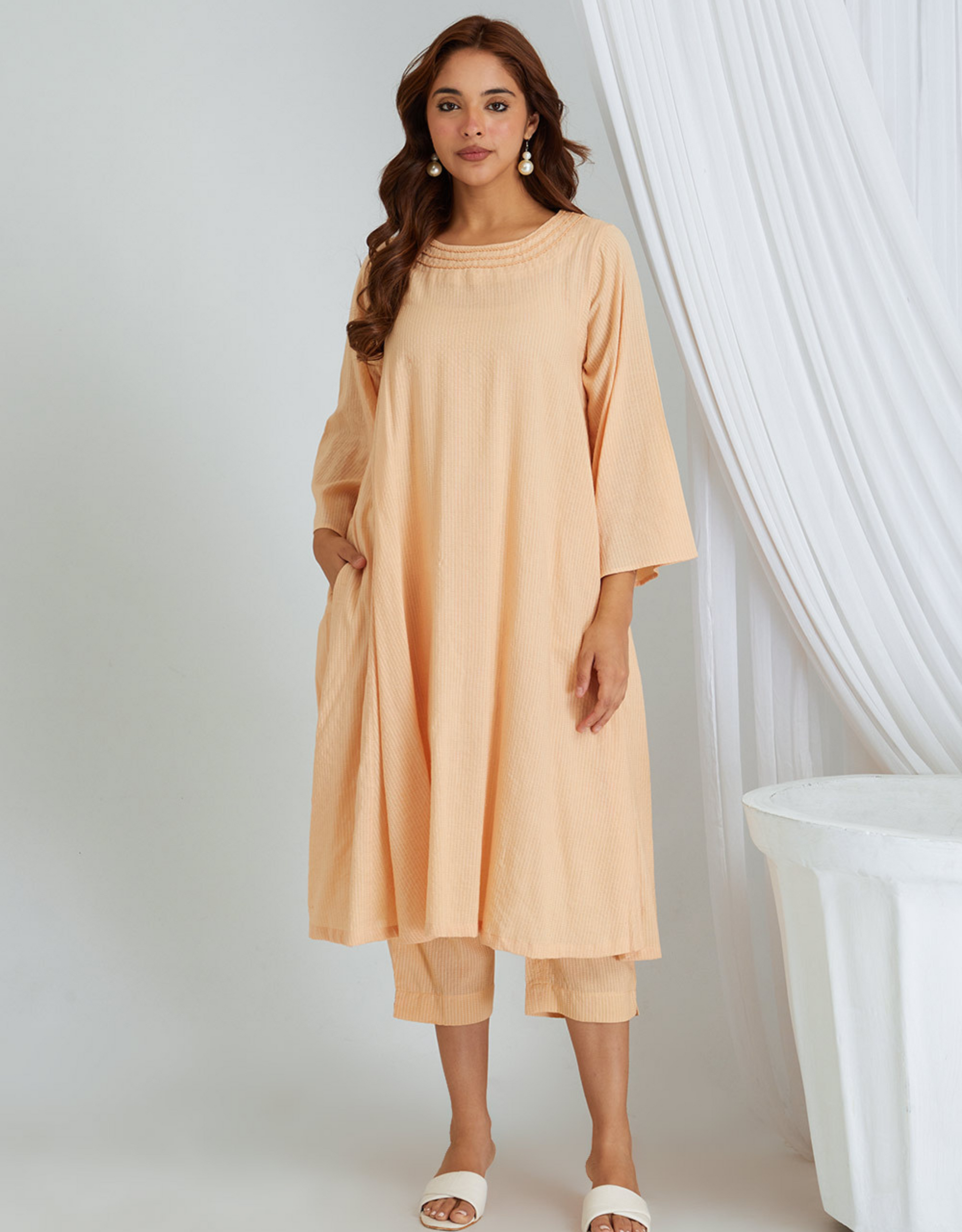 Peach Kantha Weaving Cotton Kurta Pants Co-ord Set Dori Flared