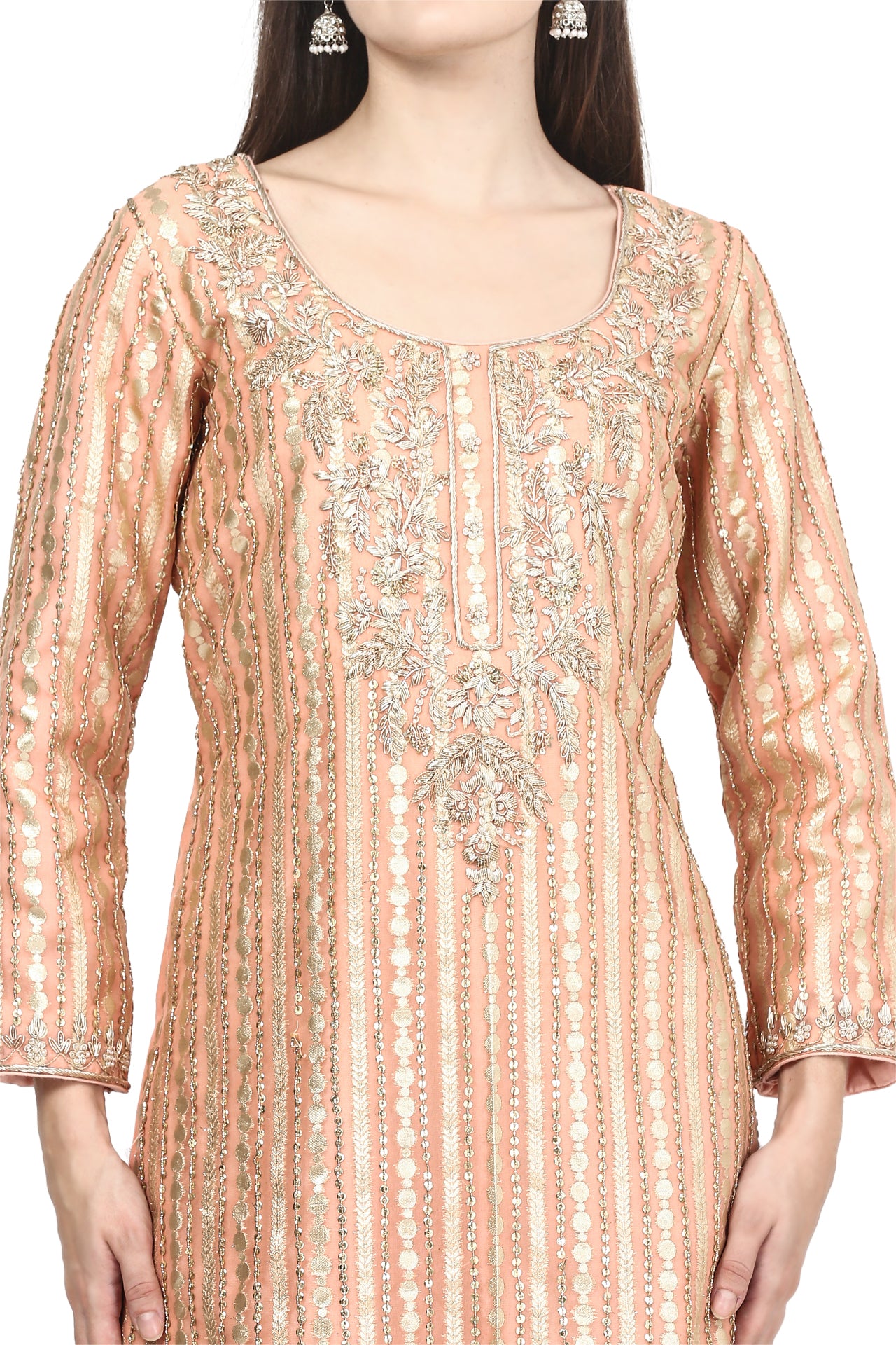 Hand-Embroidered Peach Kurta Set with Authentic Dabka Zardozi