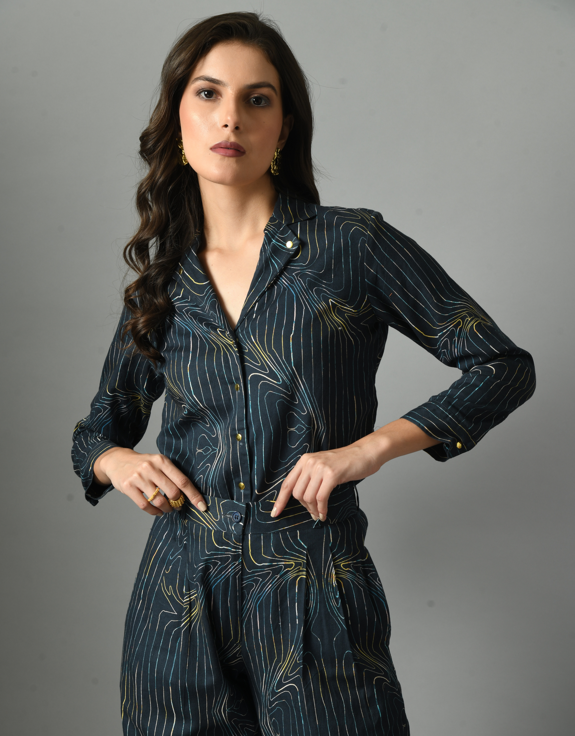 Mystic Royal Blue Linen Wondersea Shirt Trouser Set Digital Print