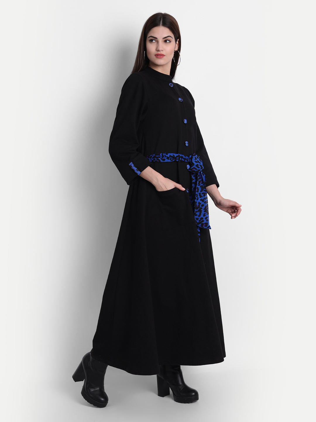 Bold Black Fleece Leopard Print Waist Tie Trench Coat