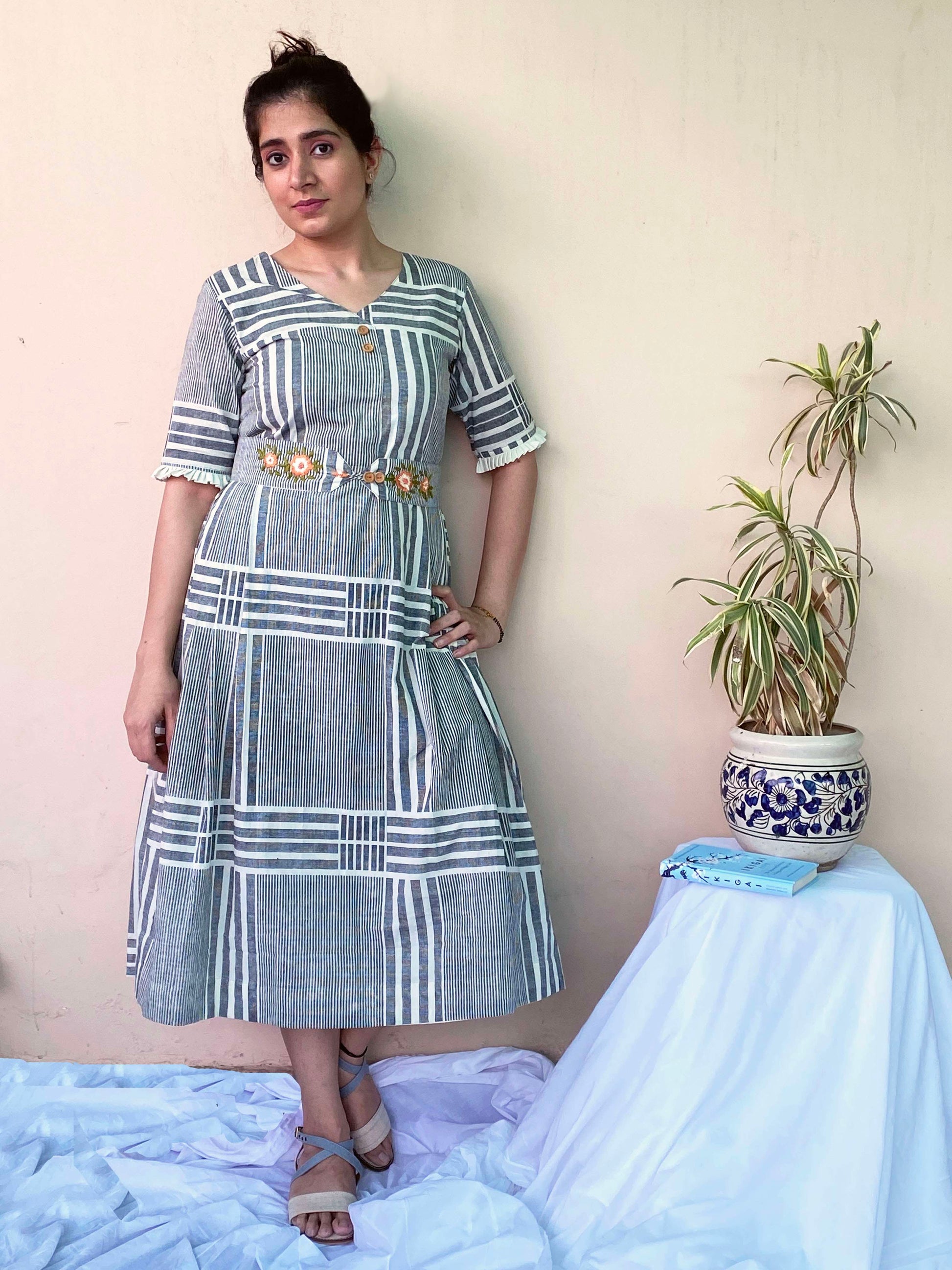 Lazy Blue Brown Cotton Striped Dress Embroidered Belt - Sunday Bliss