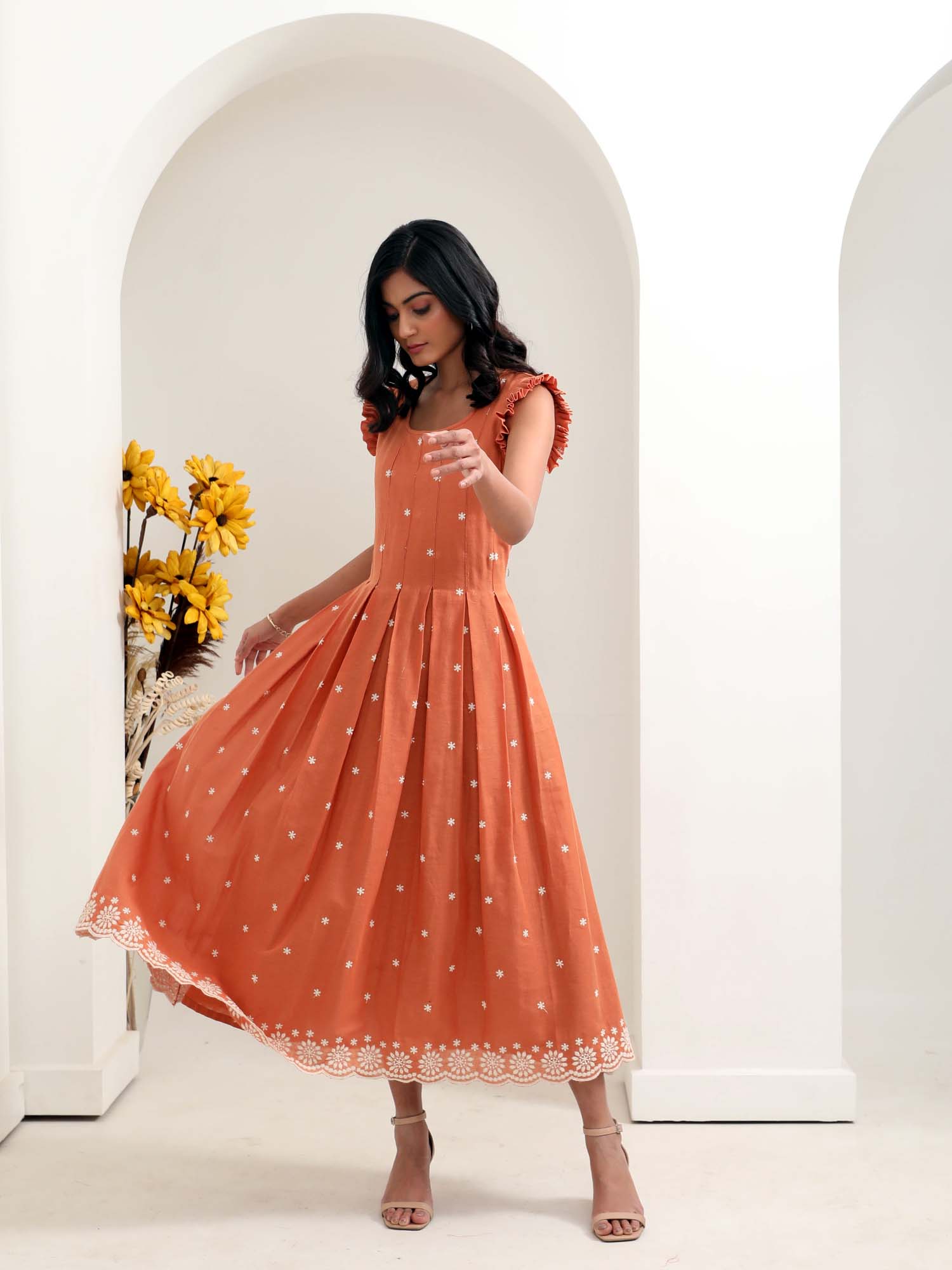 Elegant Rust Orange Cotton Floral Embroidered Box Pleat Dress - Spice Garden