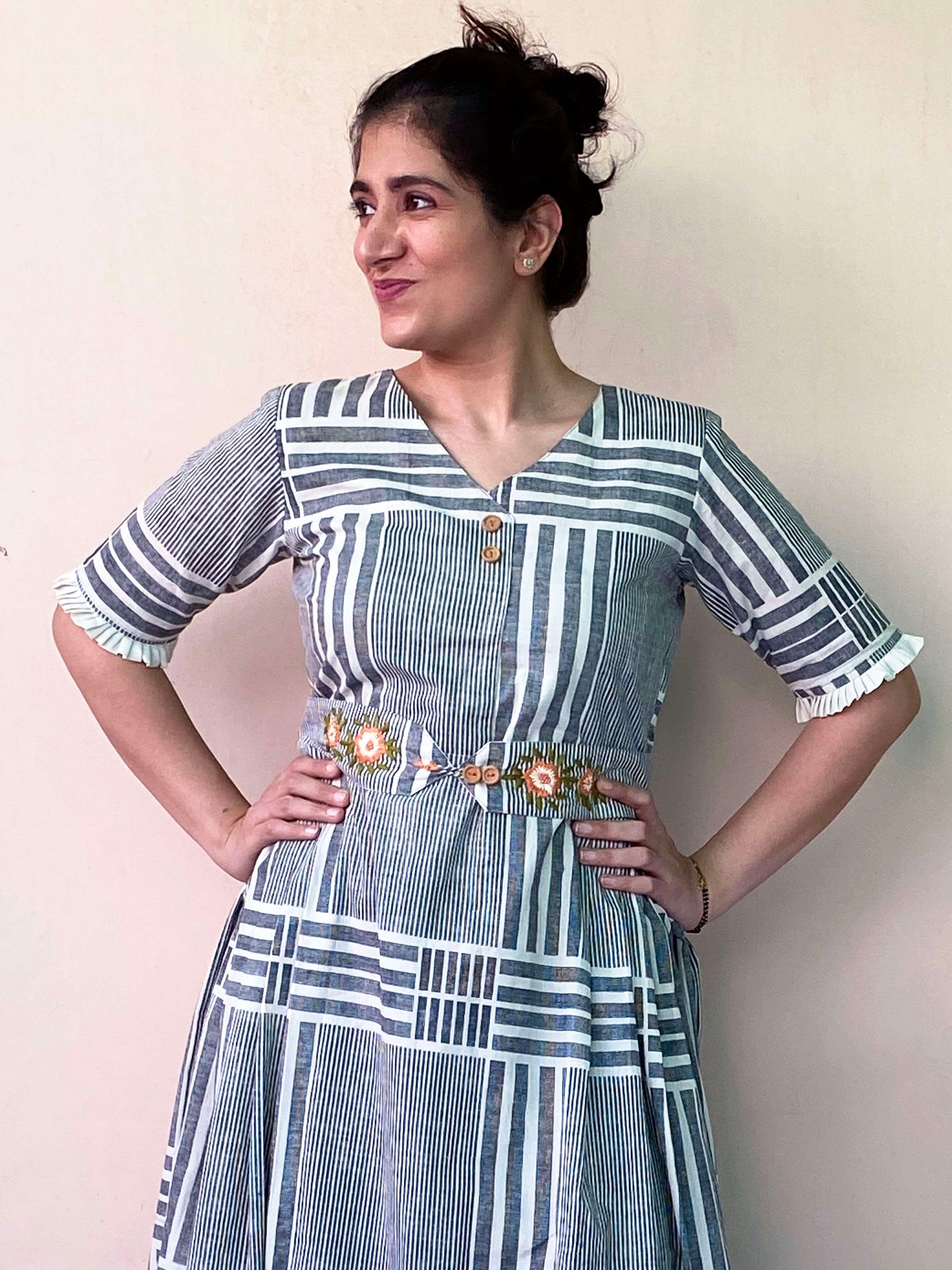 Lazy Blue Brown Cotton Striped Dress Embroidered Belt - Sunday Bliss