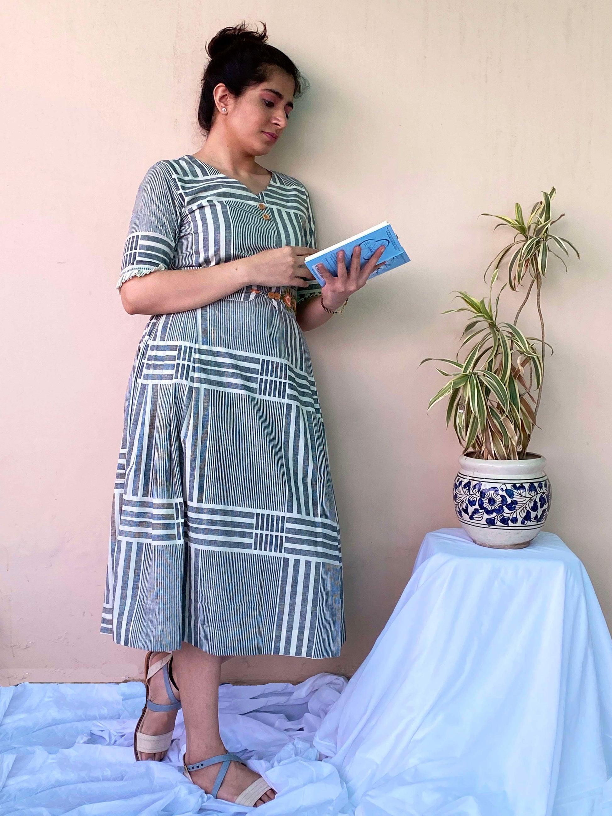 Lazy Blue Brown Cotton Striped Dress Embroidered Belt - Sunday Bliss