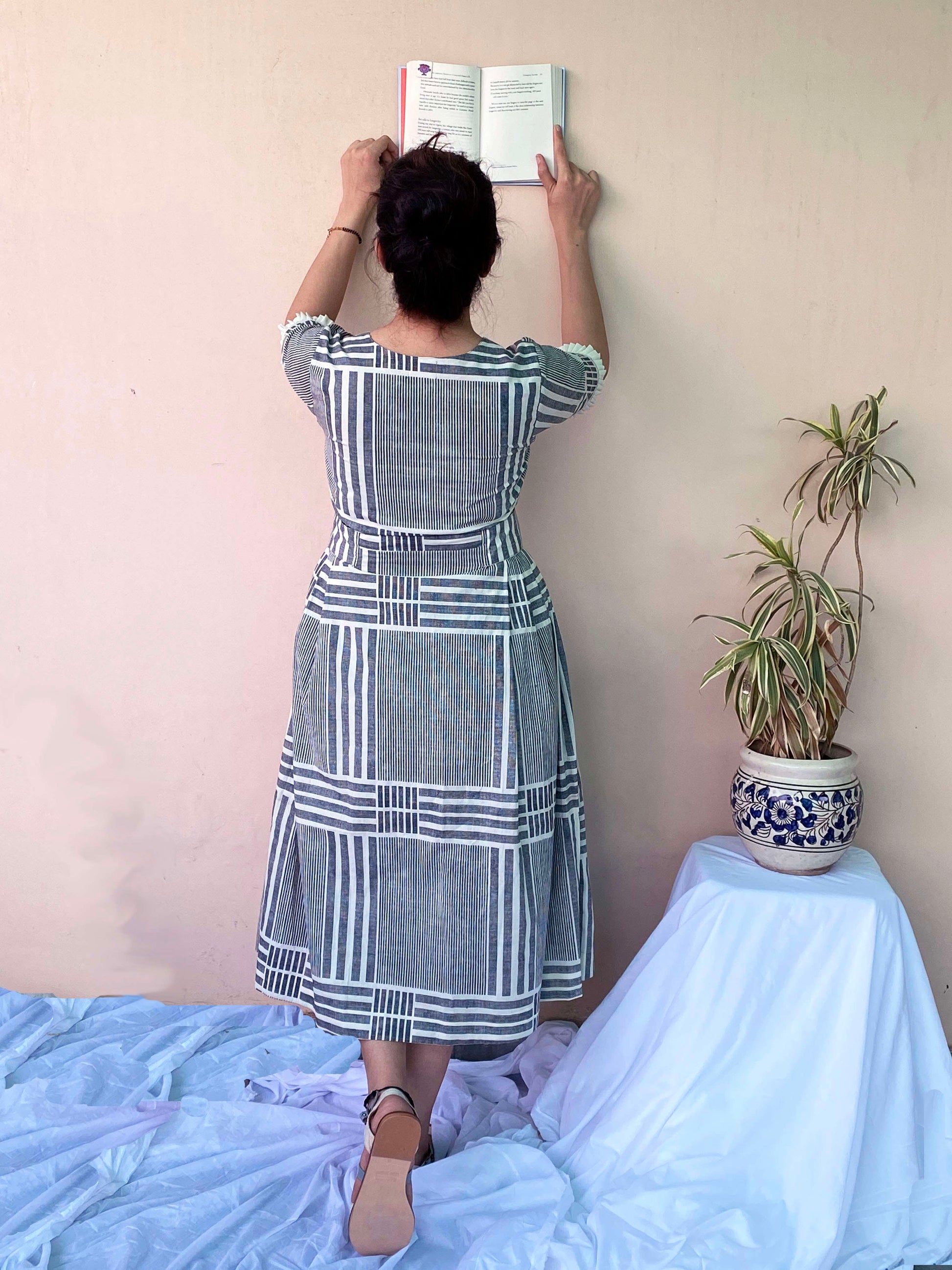 Lazy Blue Brown Cotton Striped Dress Embroidered Belt - Sunday Bliss
